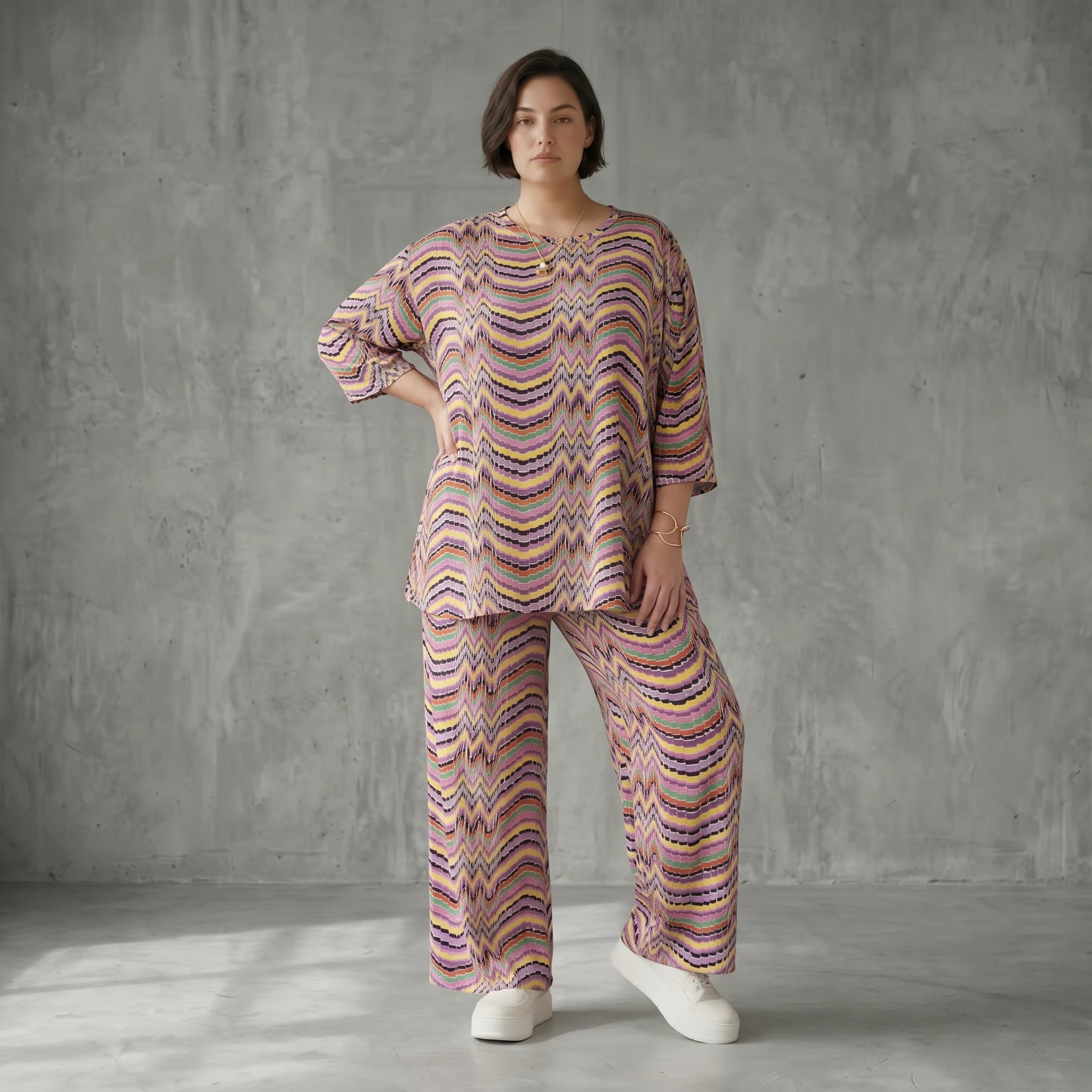 Slinky Sommer Set mit Wellenmuster von Papita bei Modeare Zweiteiler in A Form und weiter Hose Multicolour