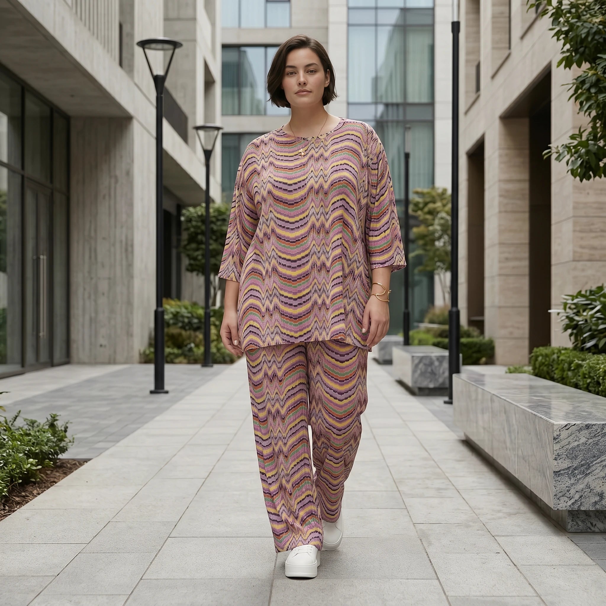 Slinky Sommer Set mit Wellenmuster von Papita bei Modeare Zweiteiler in A Form und weiter Hose Multicolour