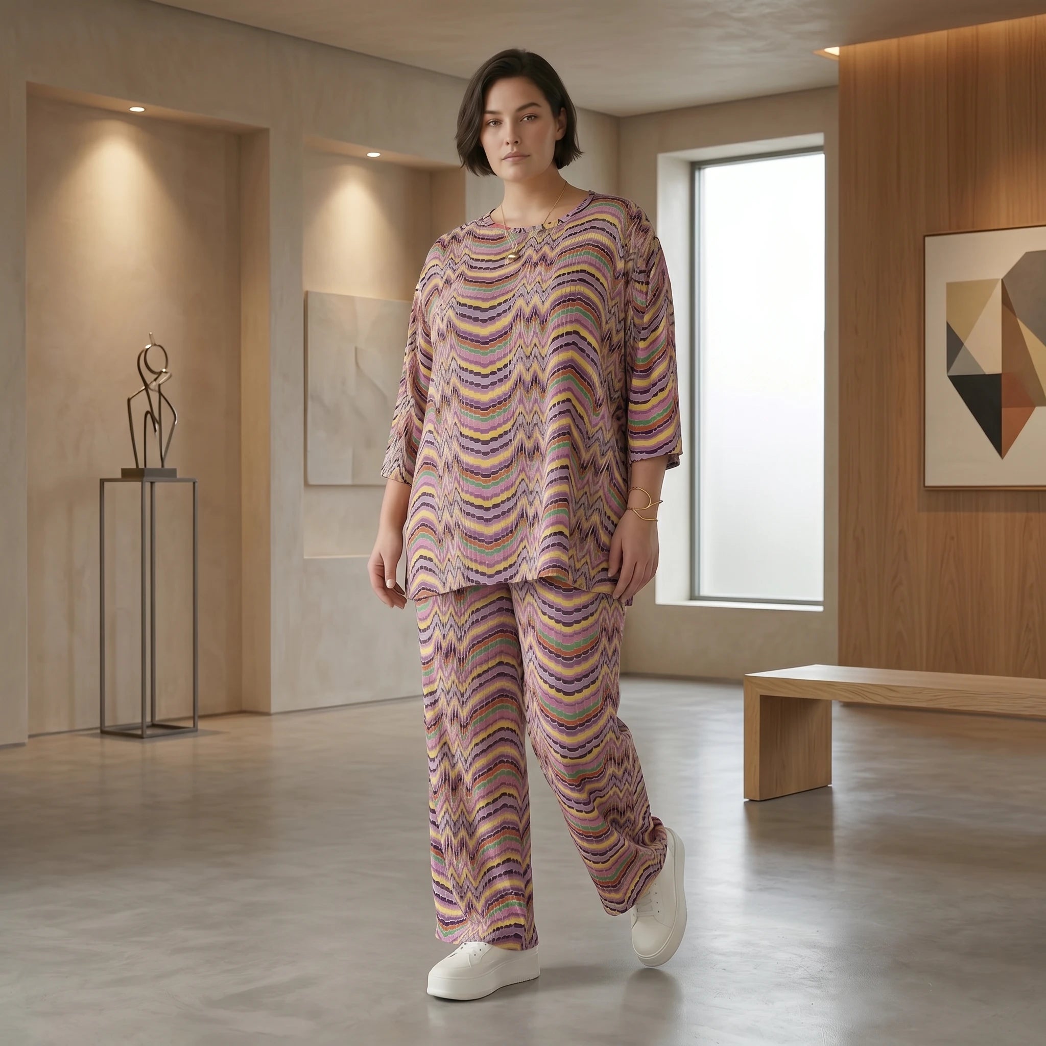 Slinky Sommer Set mit Wellenmuster von Papita bei Modeare Zweiteiler in A Form und weiter Hose Multicolour