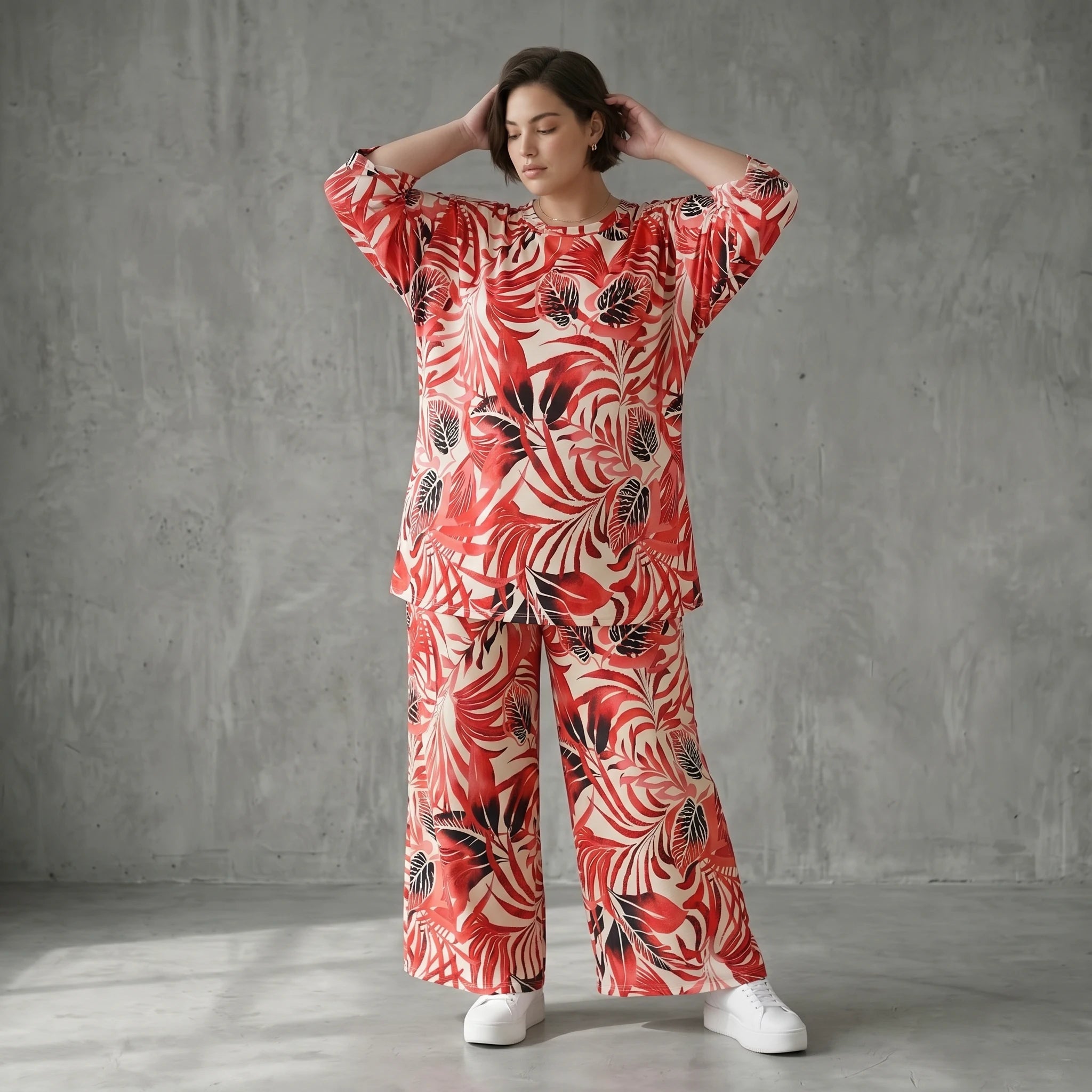 Slinky Blumen Set Sommer A-Form Shirt Hose stretch Papita Modeare Damen Zweiteiler Weiß Rot Schwarz Frankreich große Größen