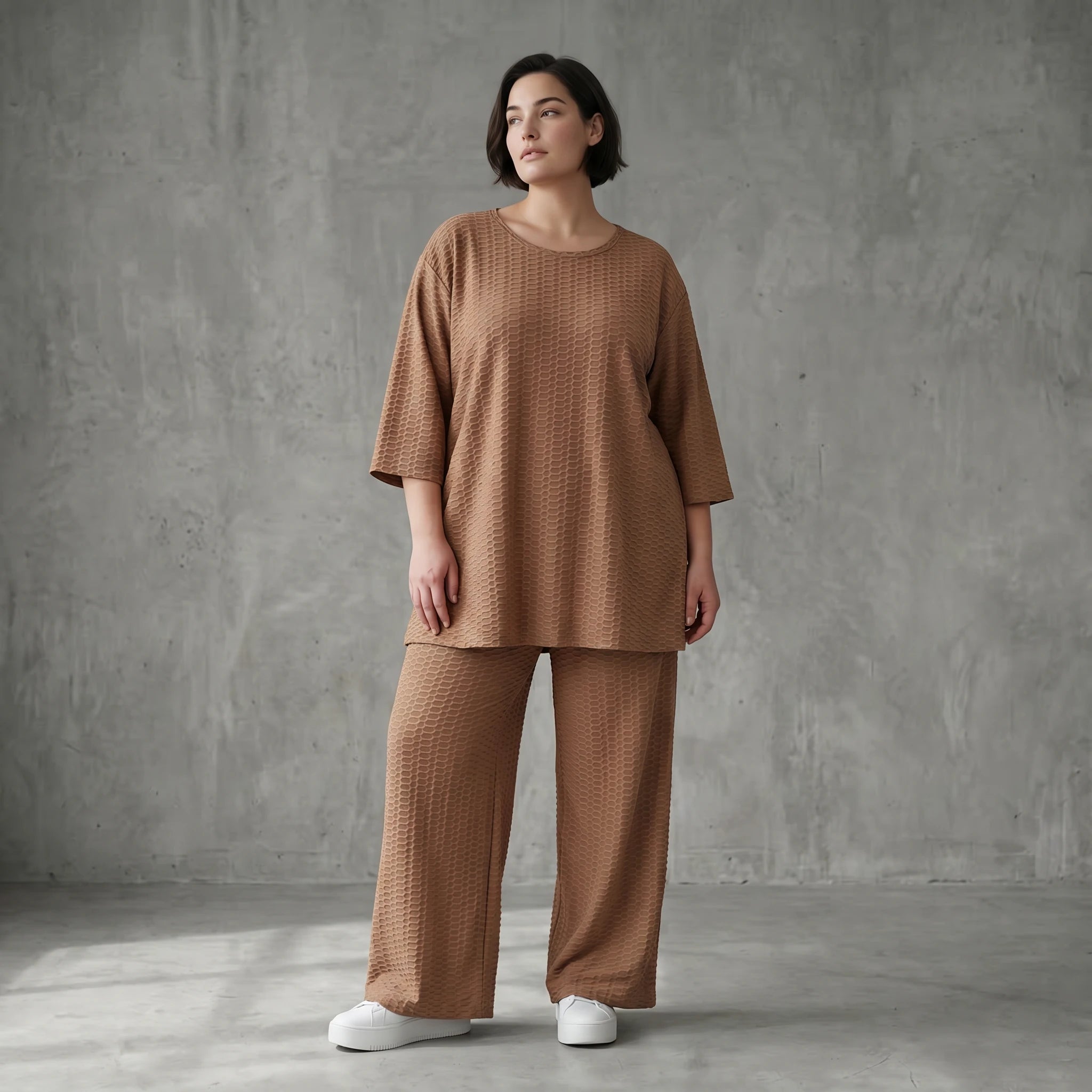 Oversize Set Cognac Jacquard mit Big Shirt und Palazzo Hose weich stretchig Papita Damenmode bei Modeare Sommer Look
