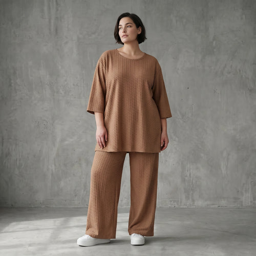 Oversize Set Cognac Jacquard mit Big Shirt und Palazzo Hose weich stretchig Papita Damenmode bei Modeare Sommer Look