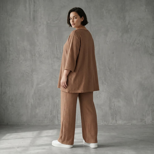 Oversize Set Cognac Jacquard mit Big Shirt und Palazzo Hose weich stretchig Papita Damenmode bei Modeare Sommer Look