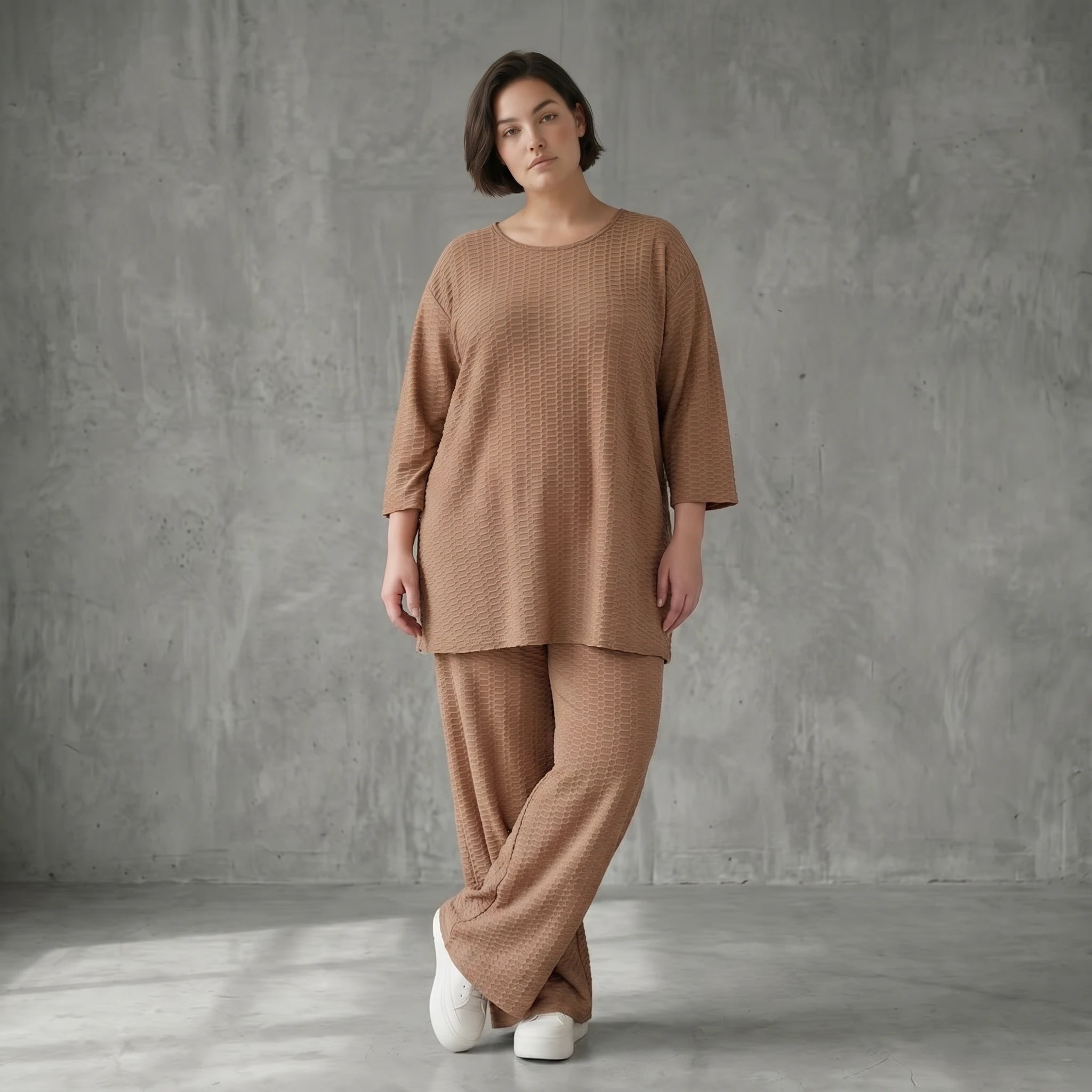 Oversize Set Cognac Jacquard mit Big Shirt und Palazzo Hose weich stretchig Papita Damenmode bei Modeare Sommer Look
