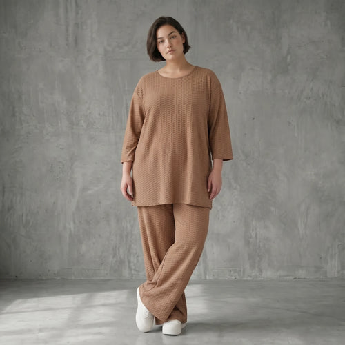 Oversize Set Cognac Jacquard mit Big Shirt und Palazzo Hose weich stretchig Papita Damenmode bei Modeare Sommer Look