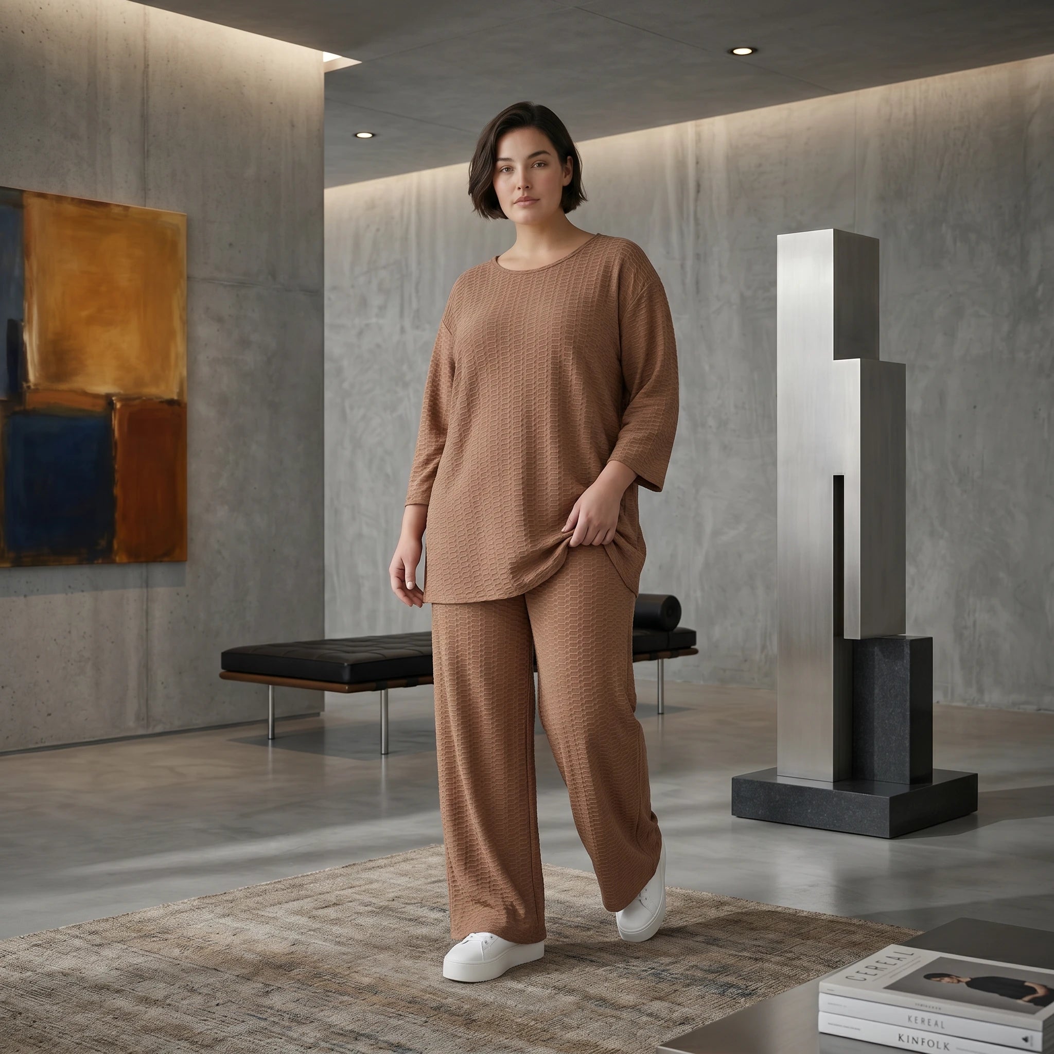 Oversize Set Cognac Jacquard mit Big Shirt und Palazzo Hose weich stretchig Papita Damenmode bei Modeare Sommer Look