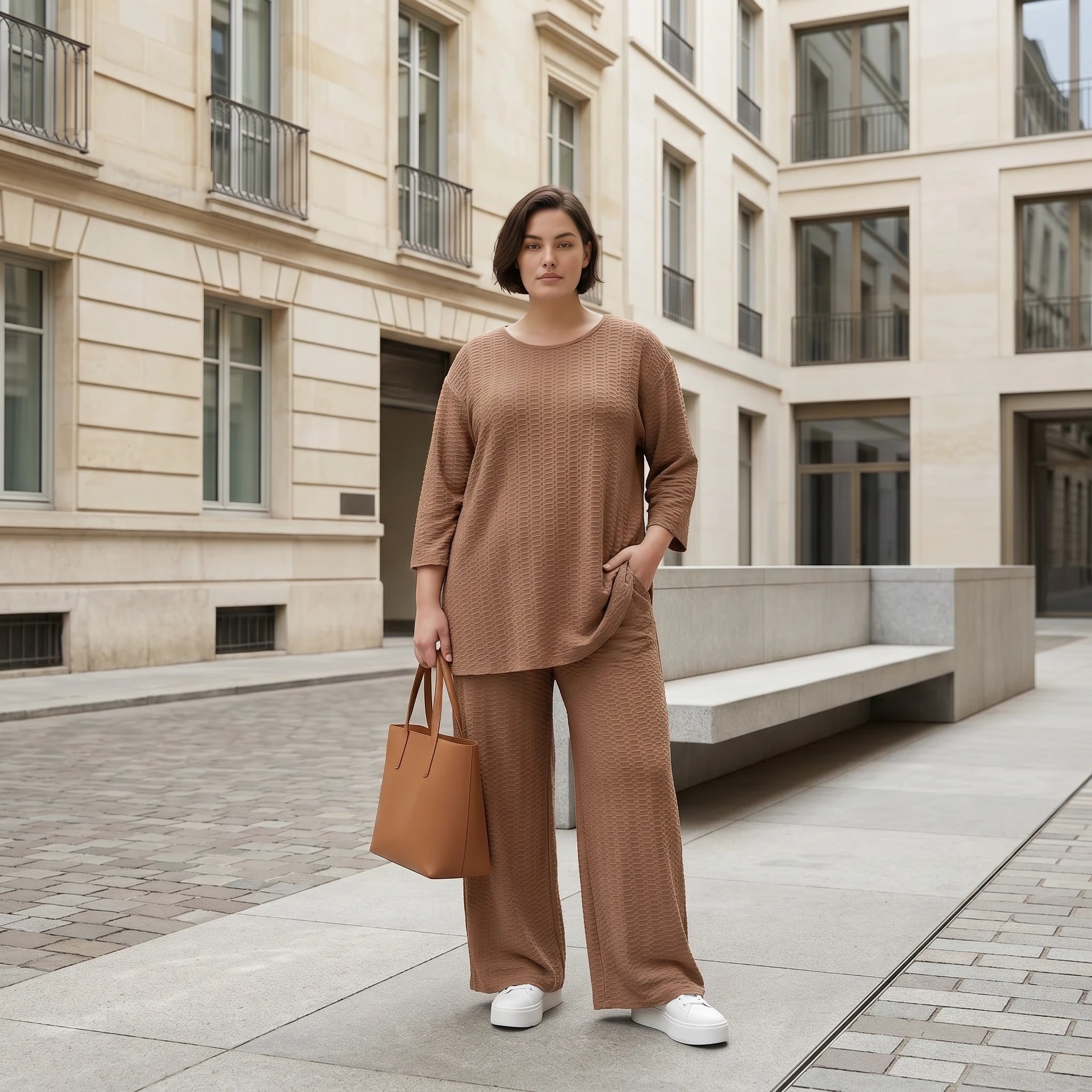 Oversize Set Cognac Jacquard mit Big Shirt und Palazzo Hose weich stretchig Papita Damenmode bei Modeare Sommer Look