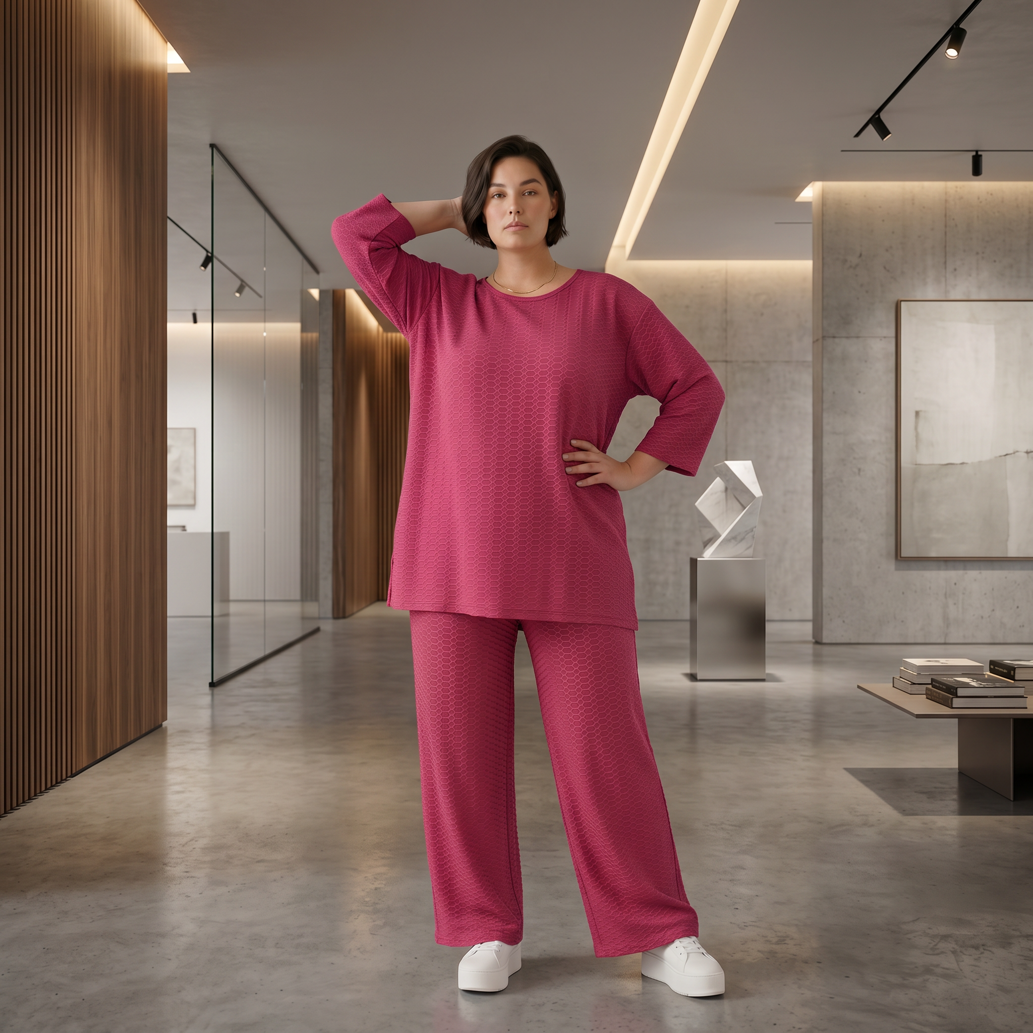 Jacquard Oversize Set in Fuchsia mit Waffelstruktur Shirt und Palazzo Hose Papita bei Modeare Sommerlook Damen