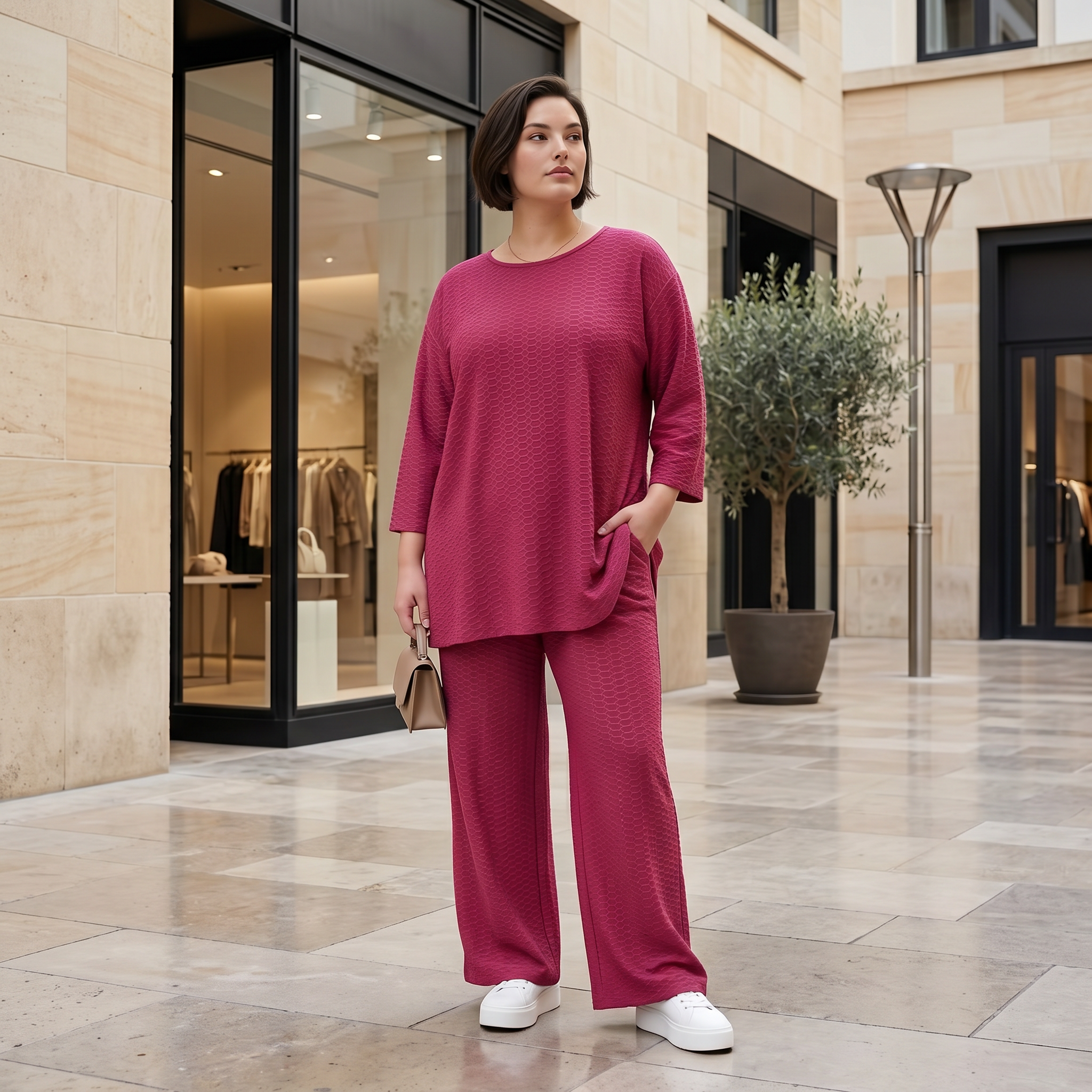 Jacquard Oversize Set in Fuchsia mit Waffelstruktur Shirt und Palazzo Hose Papita bei Modeare Sommerlook Damen
