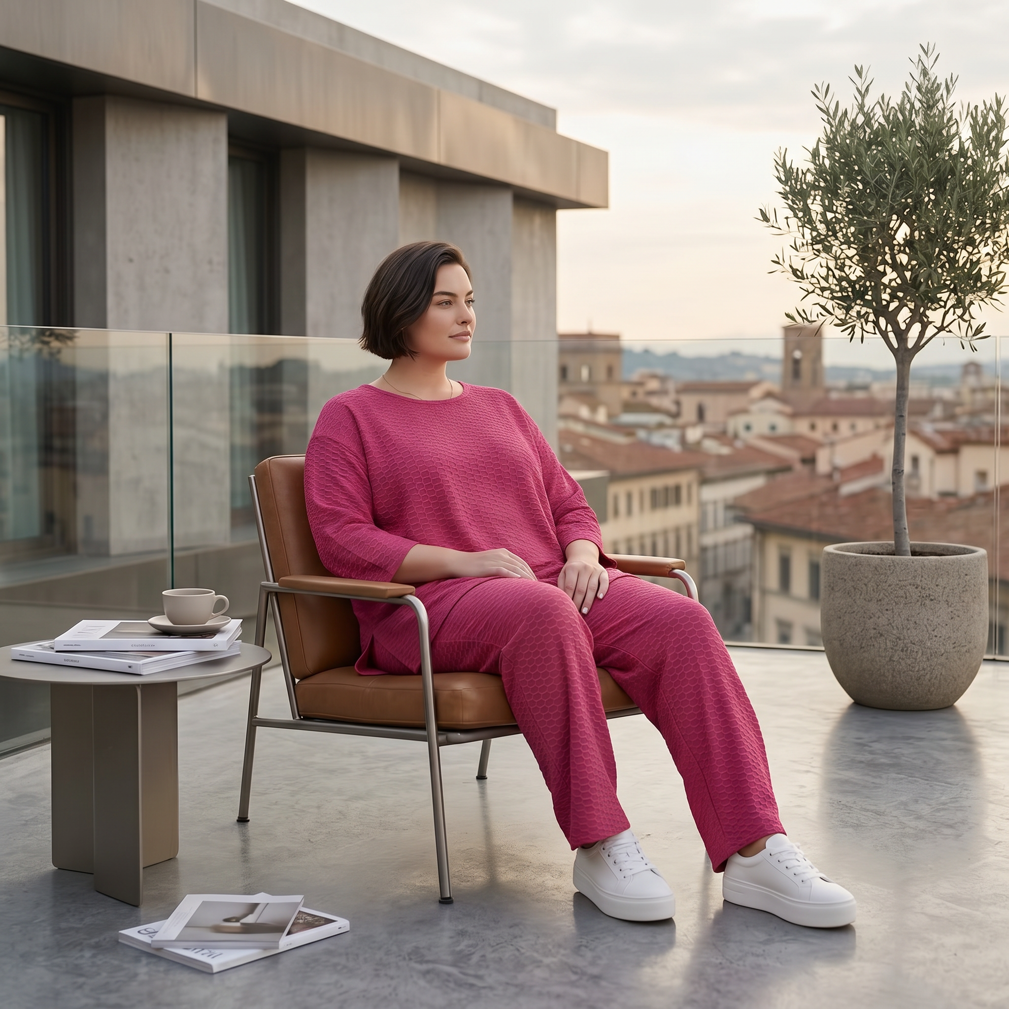 Jacquard Oversize Set in Fuchsia mit Waffelstruktur Shirt und Palazzo Hose Papita bei Modeare Sommerlook Damen