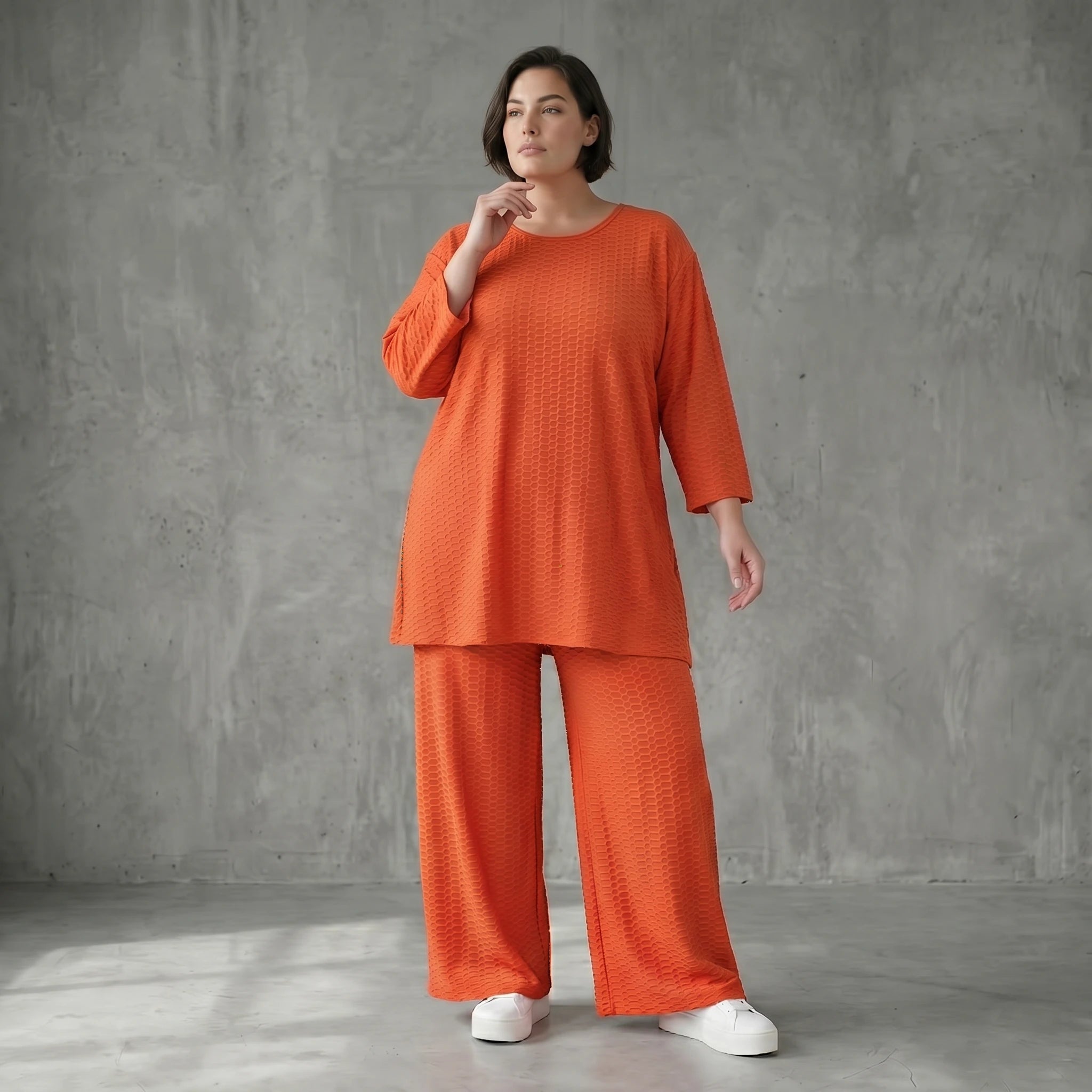 Papita Jacquard Set in Rost mit Oversize Shirt und Palazzo Hose Sommer Look Modeare