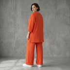 Papita Jacquard Set in Rost mit Oversize Shirt und Palazzo Hose Sommer Look Modeare