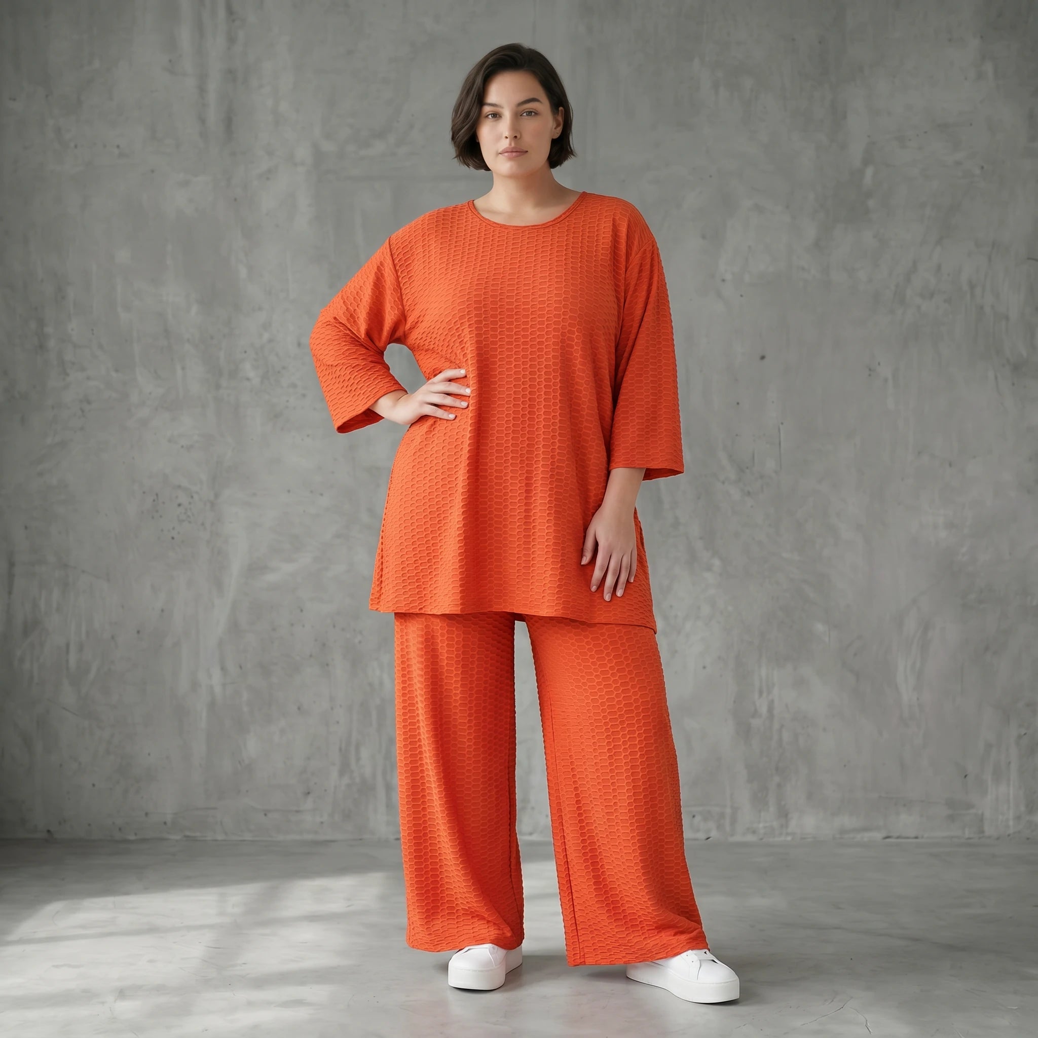 Papita Jacquard Set in Rost mit Oversize Shirt und Palazzo Hose Sommer Look Modeare