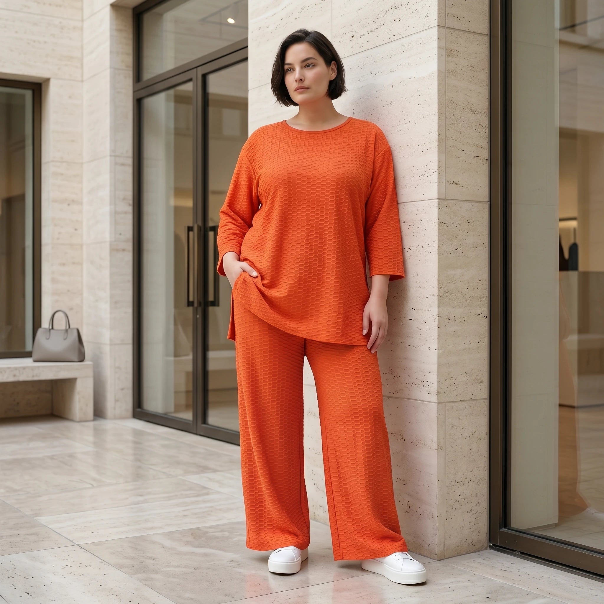 Papita Jacquard Set in Rost mit Oversize Shirt und Palazzo Hose Sommer Look Modeare