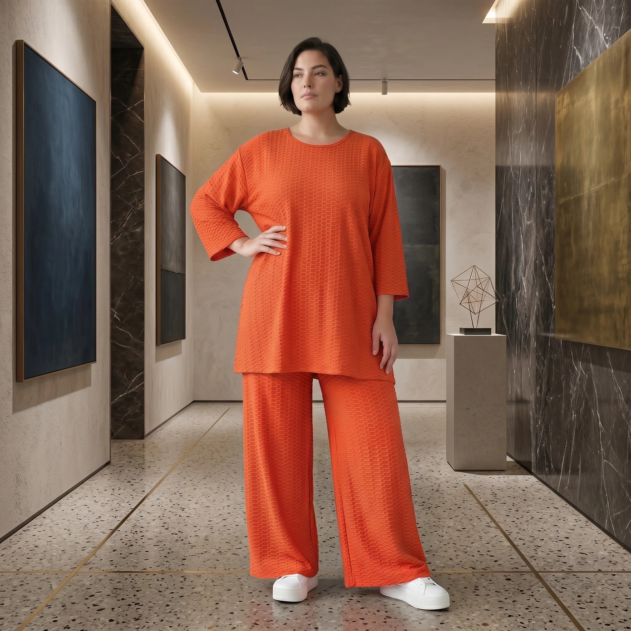 Papita Jacquard Set in Rost mit Oversize Shirt und Palazzo Hose Sommer Look Modeare