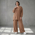 Oversize Damen Zweiteiler Cognac Jacquard Waffelstruktur Sommer Set Papita Modeare Palazzo Hose Longshirt Frankreich