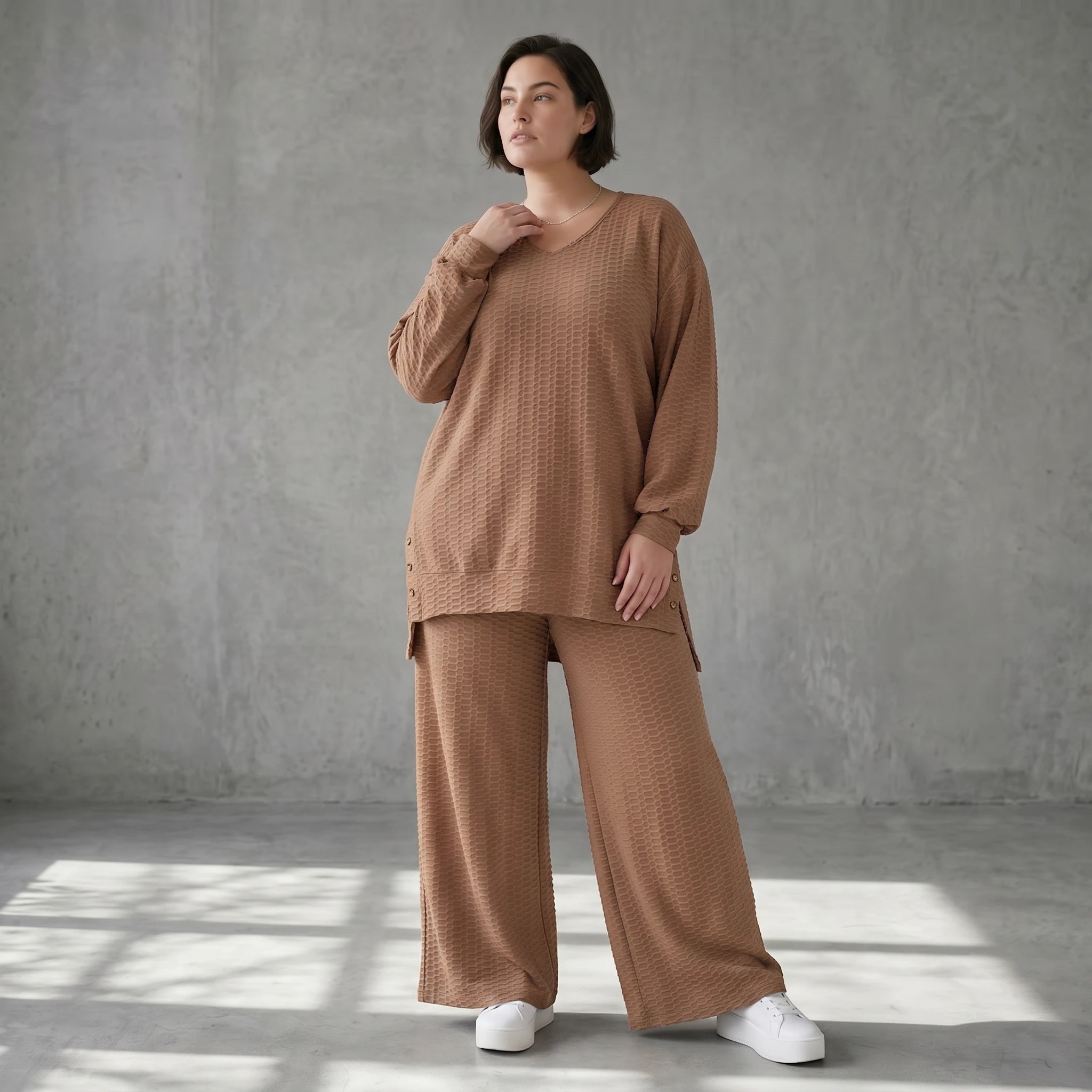 Oversize Damen Zweiteiler Cognac Jacquard Waffelstruktur Sommer Set Papita Modeare Palazzo Hose Longshirt Frankreich