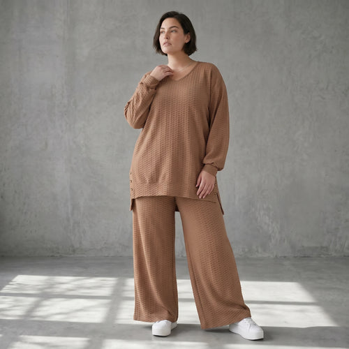 Oversize Damen Zweiteiler Cognac Jacquard Waffelstruktur Sommer Set Papita Modeare Palazzo Hose Longshirt Frankreich