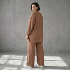 Oversize Damen Zweiteiler Cognac Jacquard Waffelstruktur Sommer Set Papita Modeare Palazzo Hose Longshirt Frankreich
