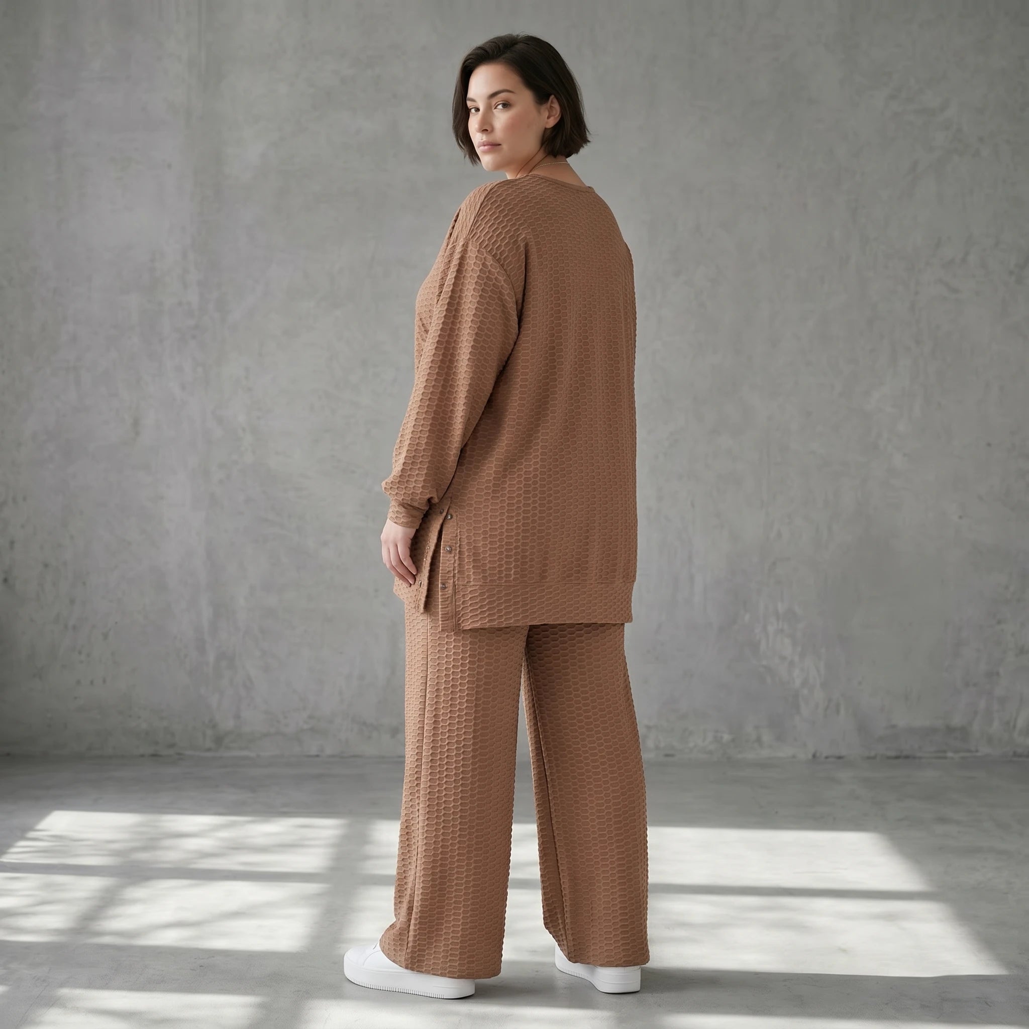 Oversize Damen Zweiteiler Cognac Jacquard Waffelstruktur Sommer Set Papita Modeare Palazzo Hose Longshirt Frankreich