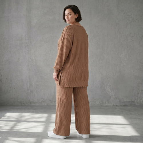Oversize Damen Zweiteiler Cognac Jacquard Waffelstruktur Sommer Set Papita Modeare Palazzo Hose Longshirt Frankreich