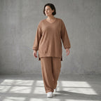 Oversize Damen Zweiteiler Cognac Jacquard Waffelstruktur Sommer Set Papita Modeare Palazzo Hose Longshirt Frankreich