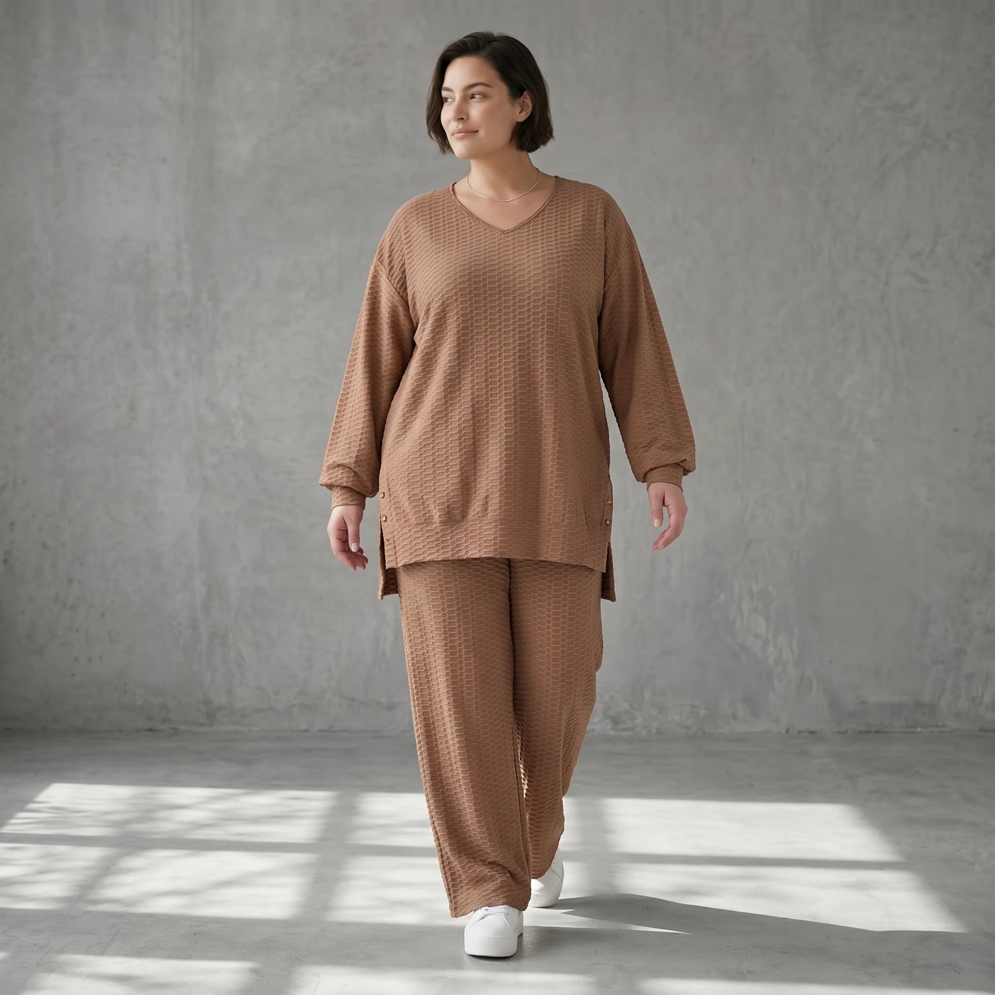 Oversize Damen Zweiteiler Cognac Jacquard Waffelstruktur Sommer Set Papita Modeare Palazzo Hose Longshirt Frankreich