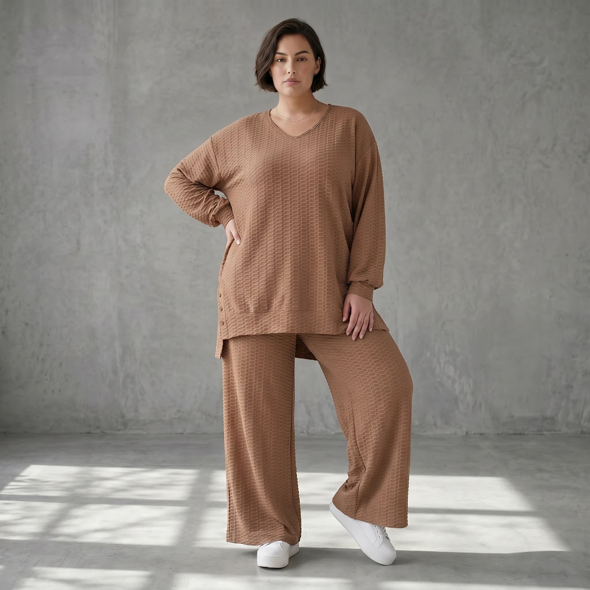 Oversize Damen Zweiteiler Cognac Jacquard Waffelstruktur Sommer Set Papita Modeare Palazzo Hose Longshirt Frankreich