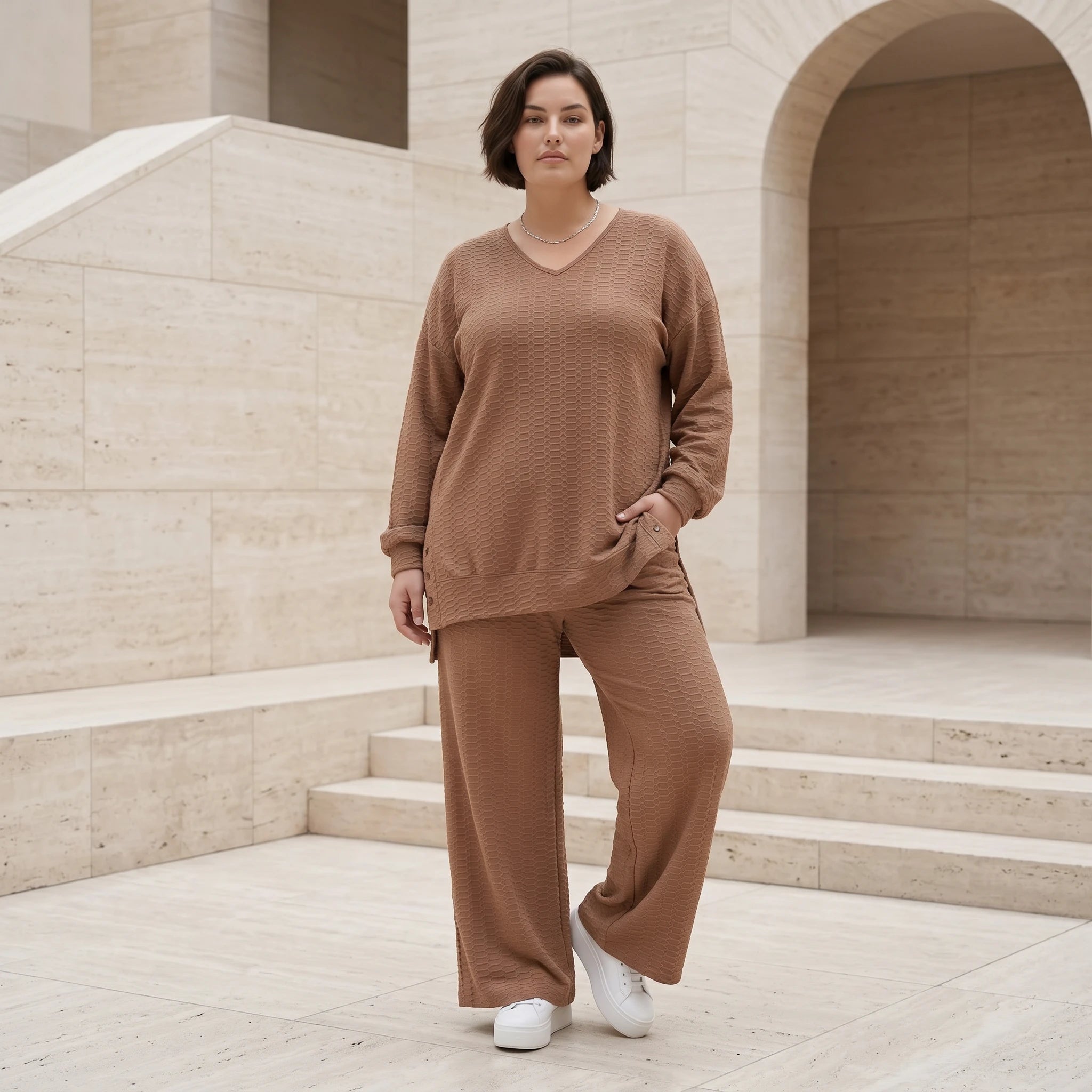 Oversize Damen Zweiteiler Cognac Jacquard Waffelstruktur Sommer Set Papita Modeare Palazzo Hose Longshirt Frankreich