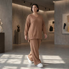 Oversize Damen Zweiteiler Cognac Jacquard Waffelstruktur Sommer Set Papita Modeare Palazzo Hose Longshirt Frankreich