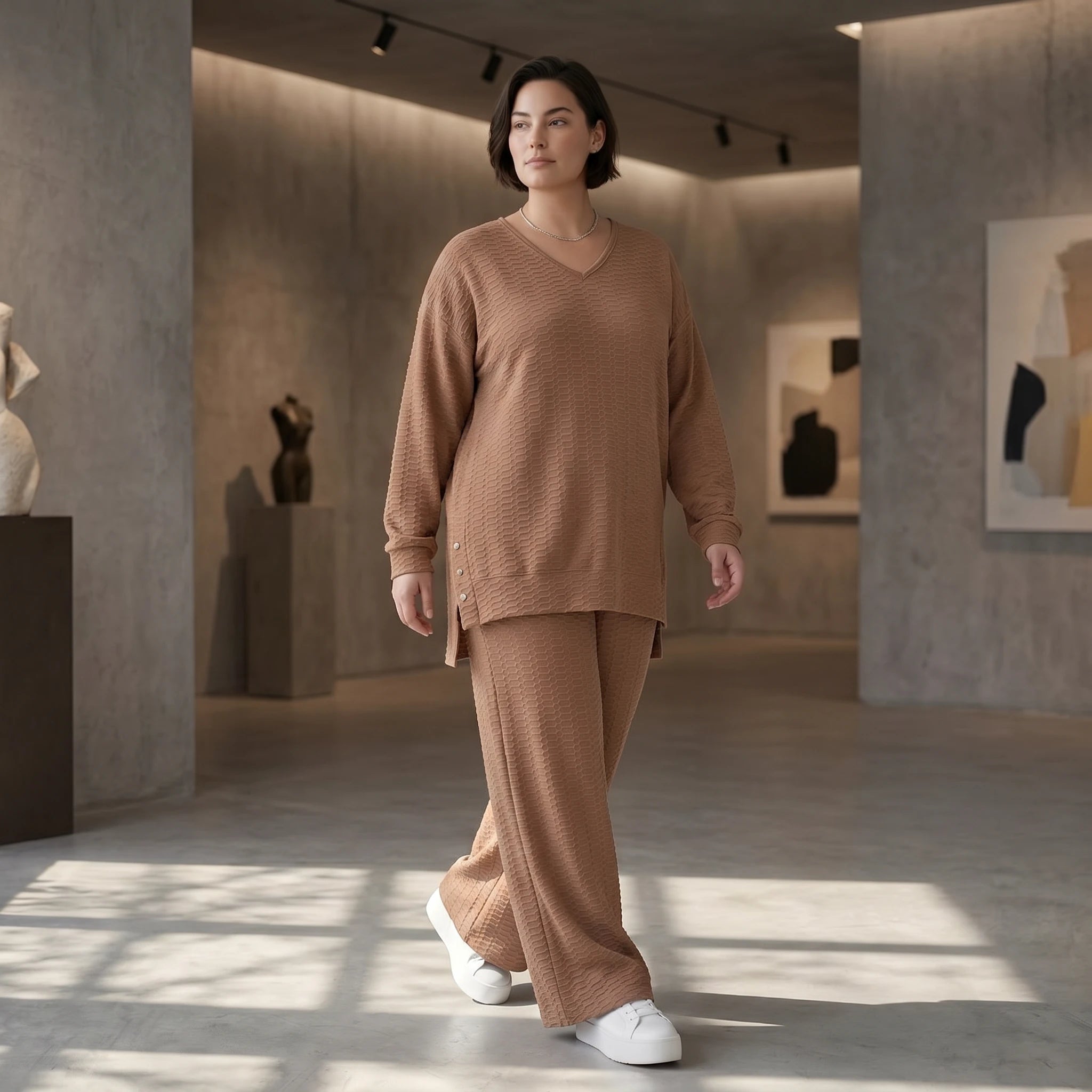 Oversize Damen Zweiteiler Cognac Jacquard Waffelstruktur Sommer Set Papita Modeare Palazzo Hose Longshirt Frankreich