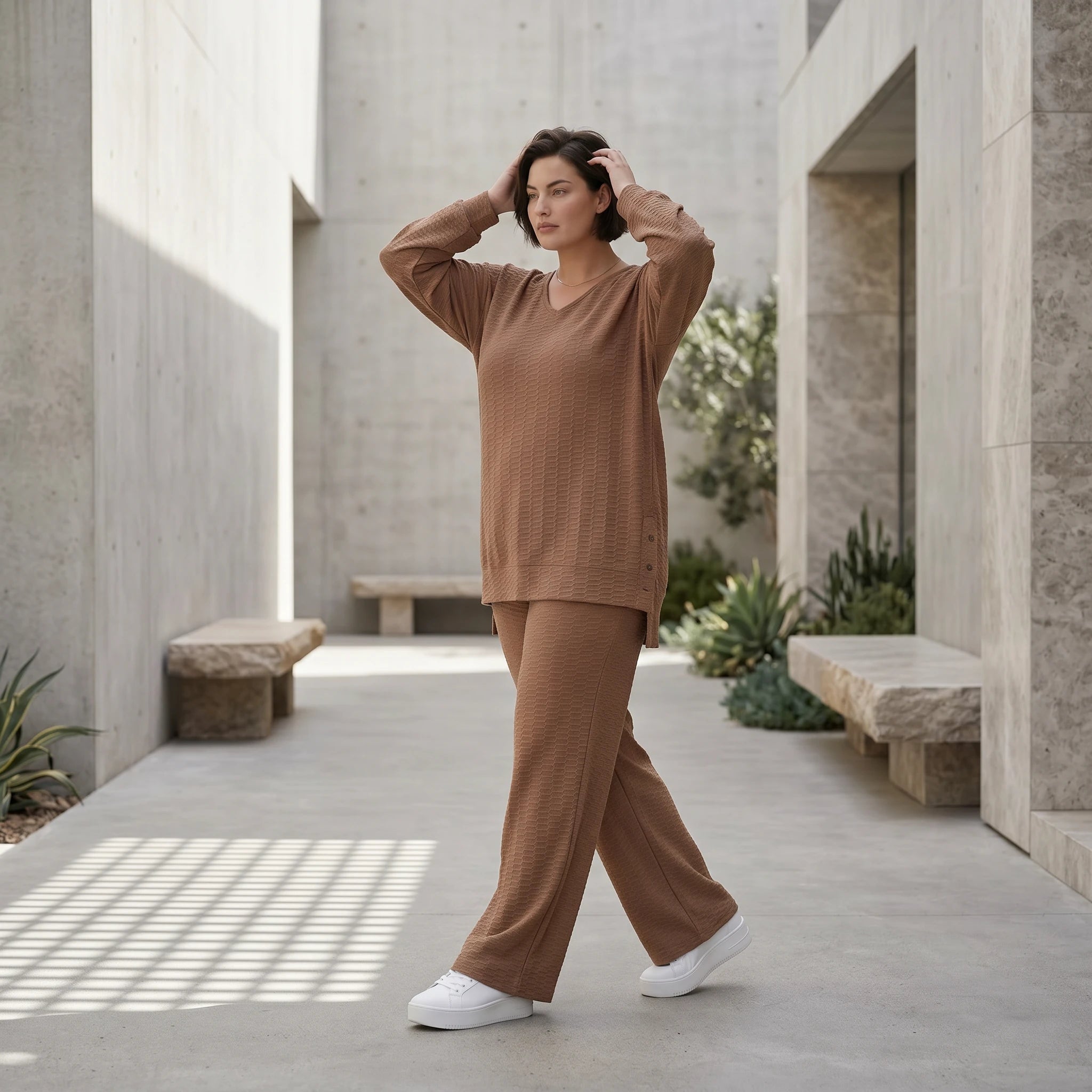 Oversize Damen Zweiteiler Cognac Jacquard Waffelstruktur Sommer Set Papita Modeare Palazzo Hose Longshirt Frankreich