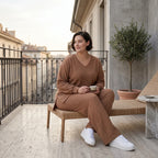 Oversize Damen Zweiteiler Cognac Jacquard Waffelstruktur Sommer Set Papita Modeare Palazzo Hose Longshirt Frankreich