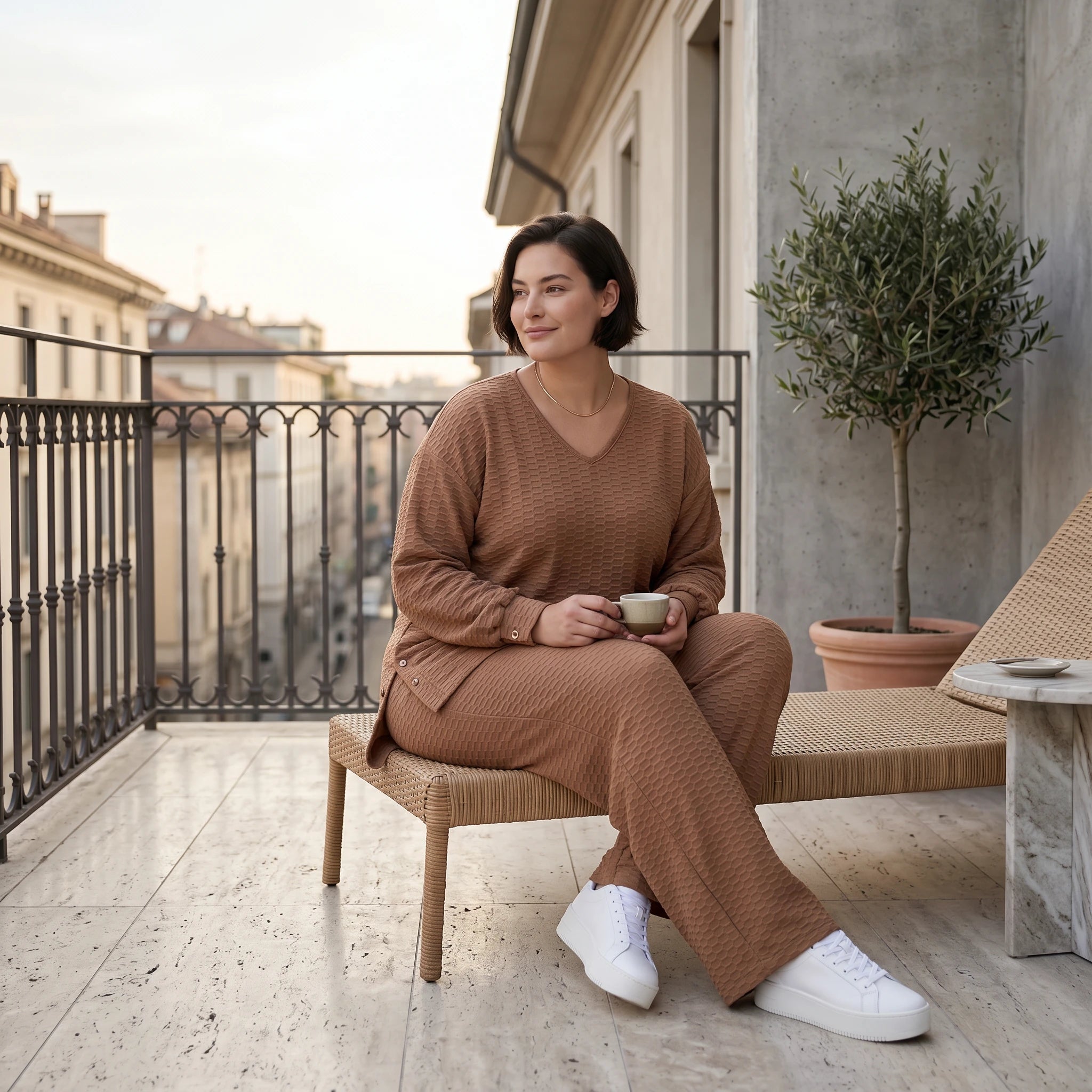 Oversize Damen Zweiteiler Cognac Jacquard Waffelstruktur Sommer Set Papita Modeare Palazzo Hose Longshirt Frankreich