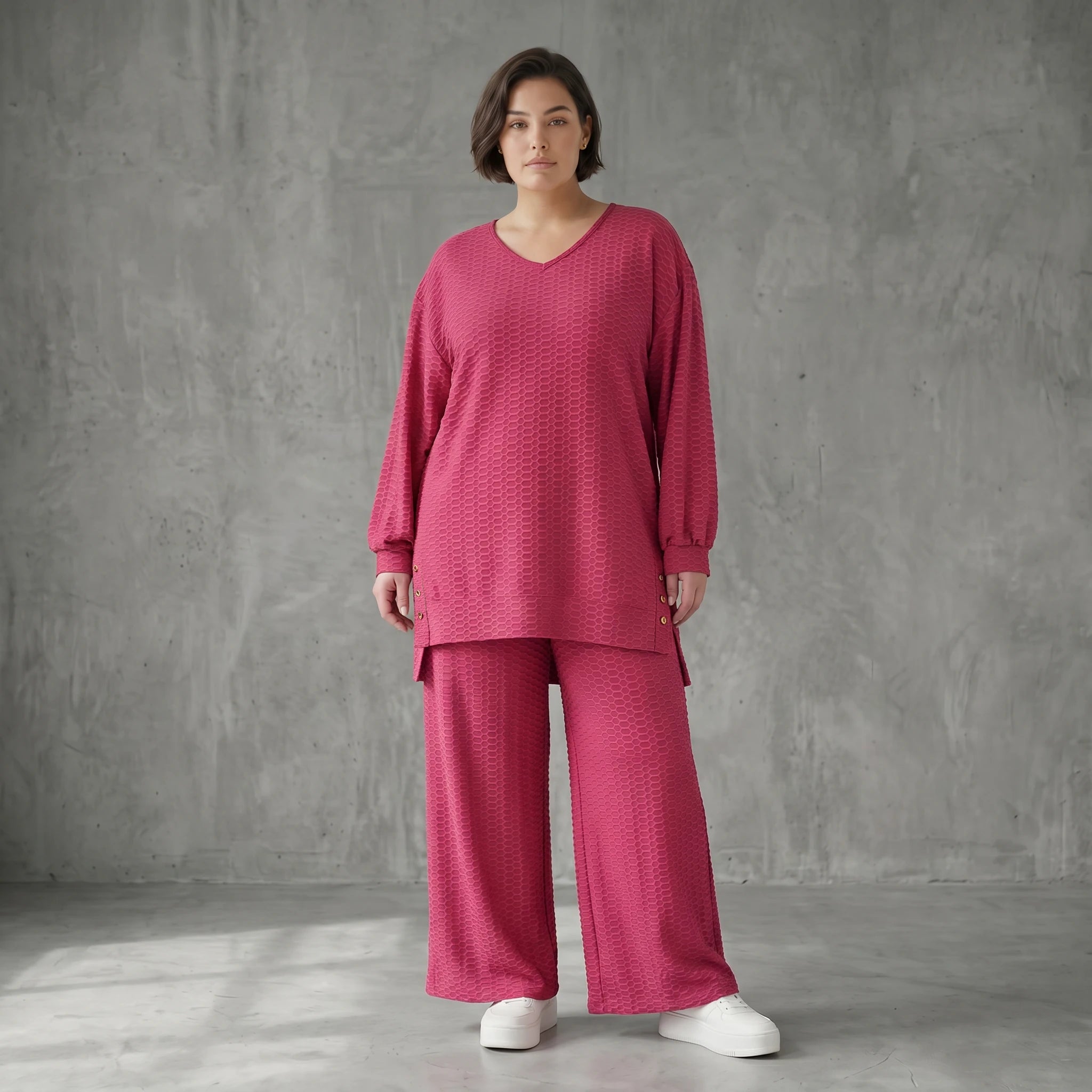 Papita Sommer Set Fuchsia Jacquard Shirt und Palazzo Hose Waffelstruktur Modeare Lagenlook weich fließend