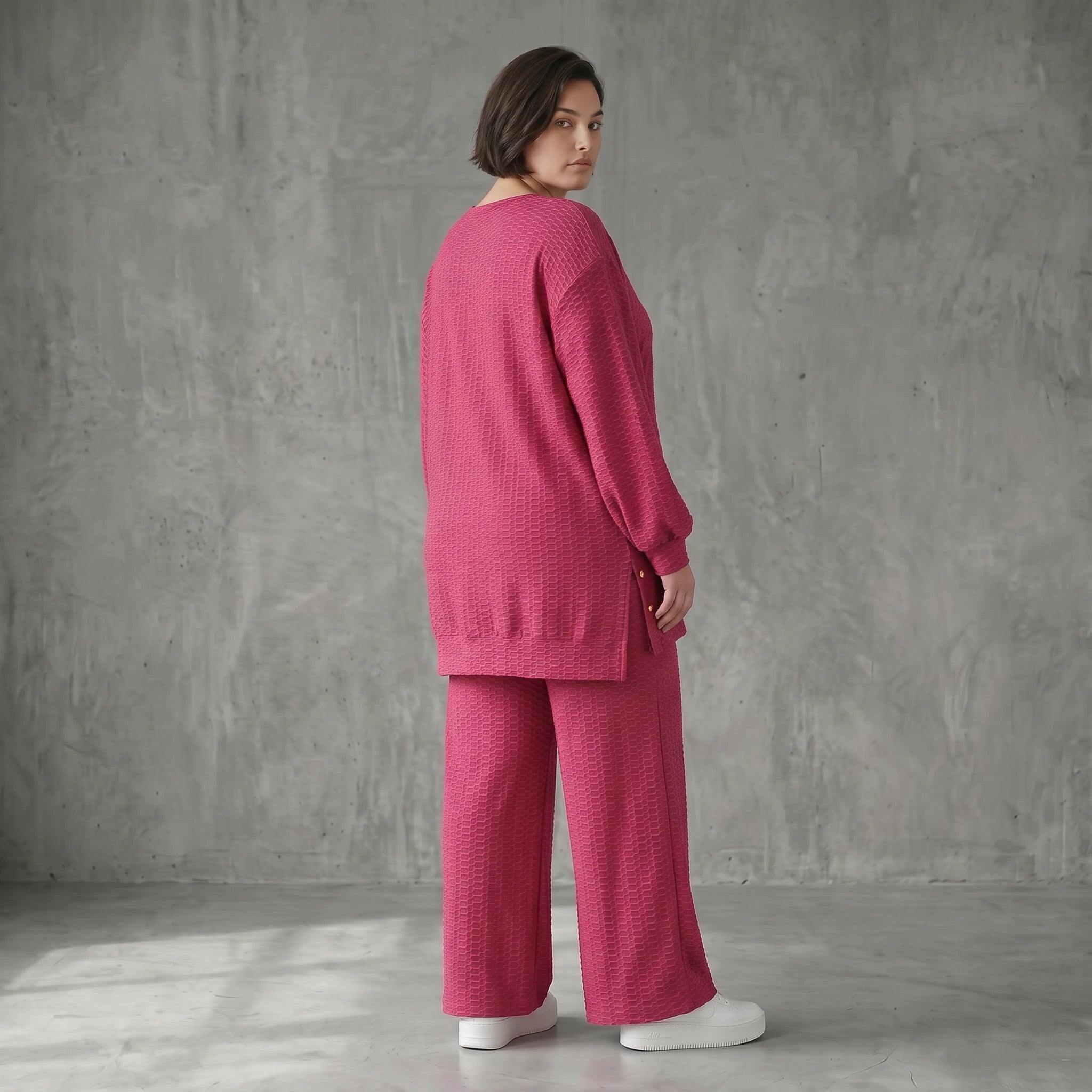 Papita Sommer Set Fuchsia Jacquard Shirt und Palazzo Hose Waffelstruktur Modeare Lagenlook weich fließend