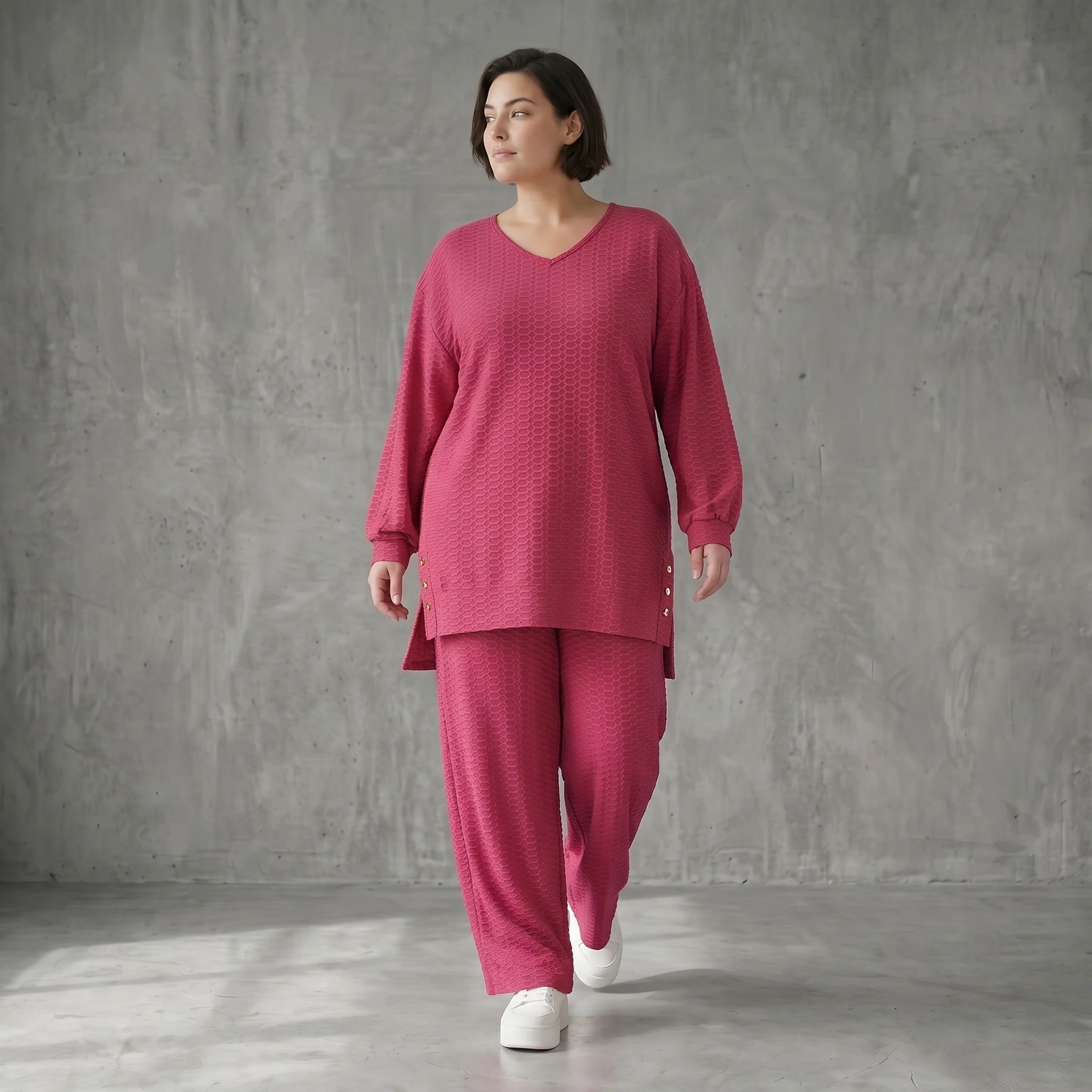 Papita Sommer Set Fuchsia Jacquard Shirt und Palazzo Hose Waffelstruktur Modeare Lagenlook weich fließend