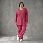 Papita Sommer Set Fuchsia Jacquard Shirt und Palazzo Hose Waffelstruktur Modeare Lagenlook weich fließend