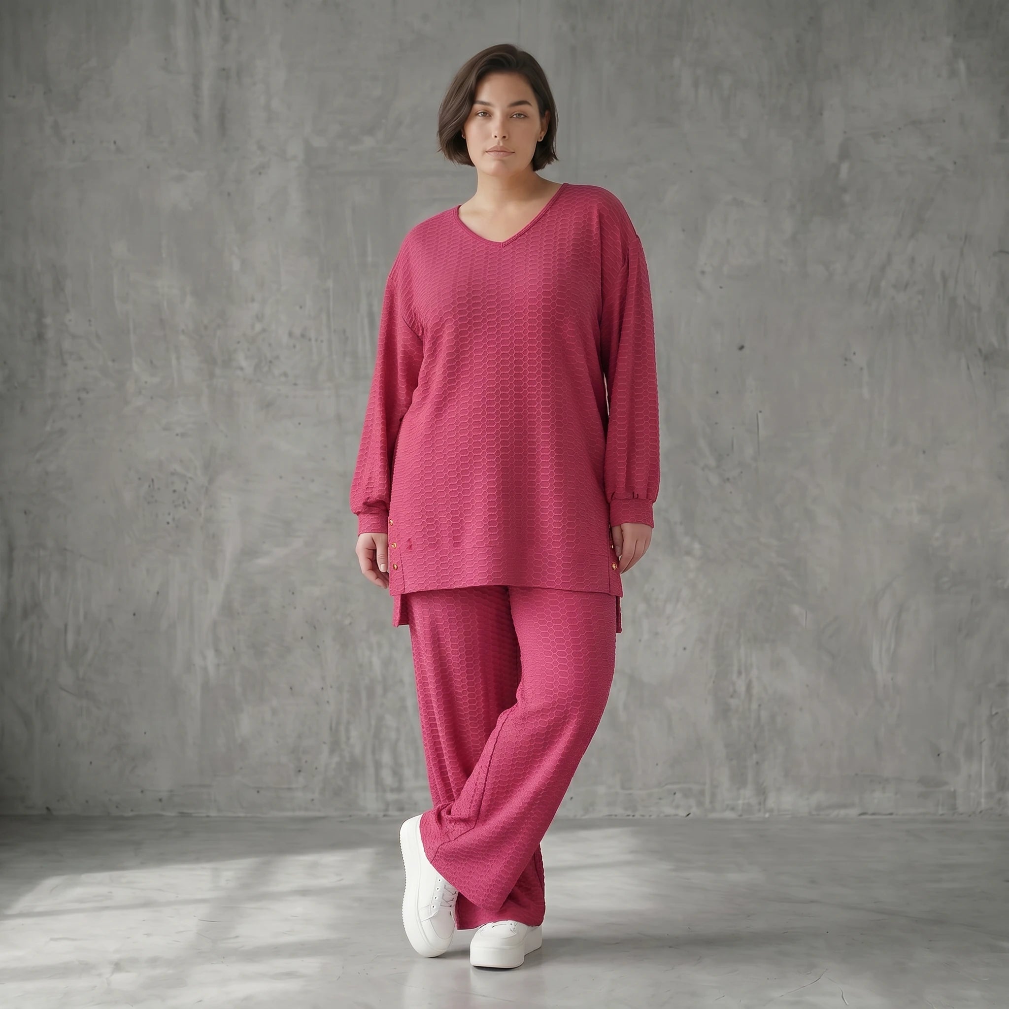 Papita Sommer Set Fuchsia Jacquard Shirt und Palazzo Hose Waffelstruktur Modeare Lagenlook weich fließend