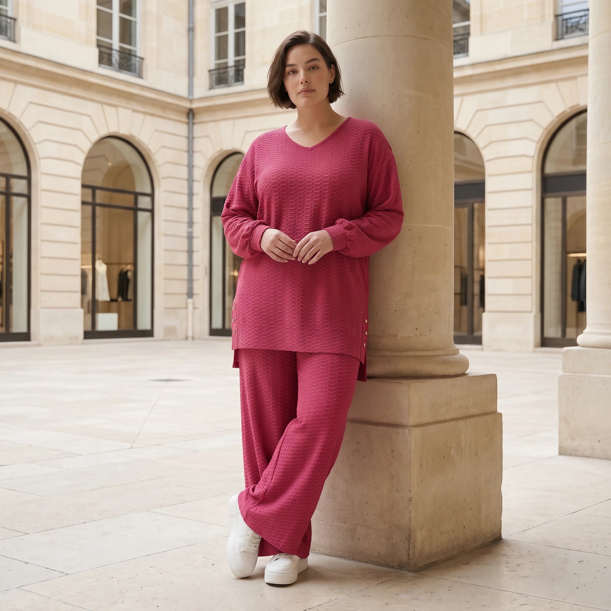 Papita Sommer Set Fuchsia Jacquard Shirt und Palazzo Hose Waffelstruktur Modeare Lagenlook weich fließend