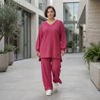 Papita Sommer Set Fuchsia Jacquard Shirt und Palazzo Hose Waffelstruktur Modeare Lagenlook weich fließend