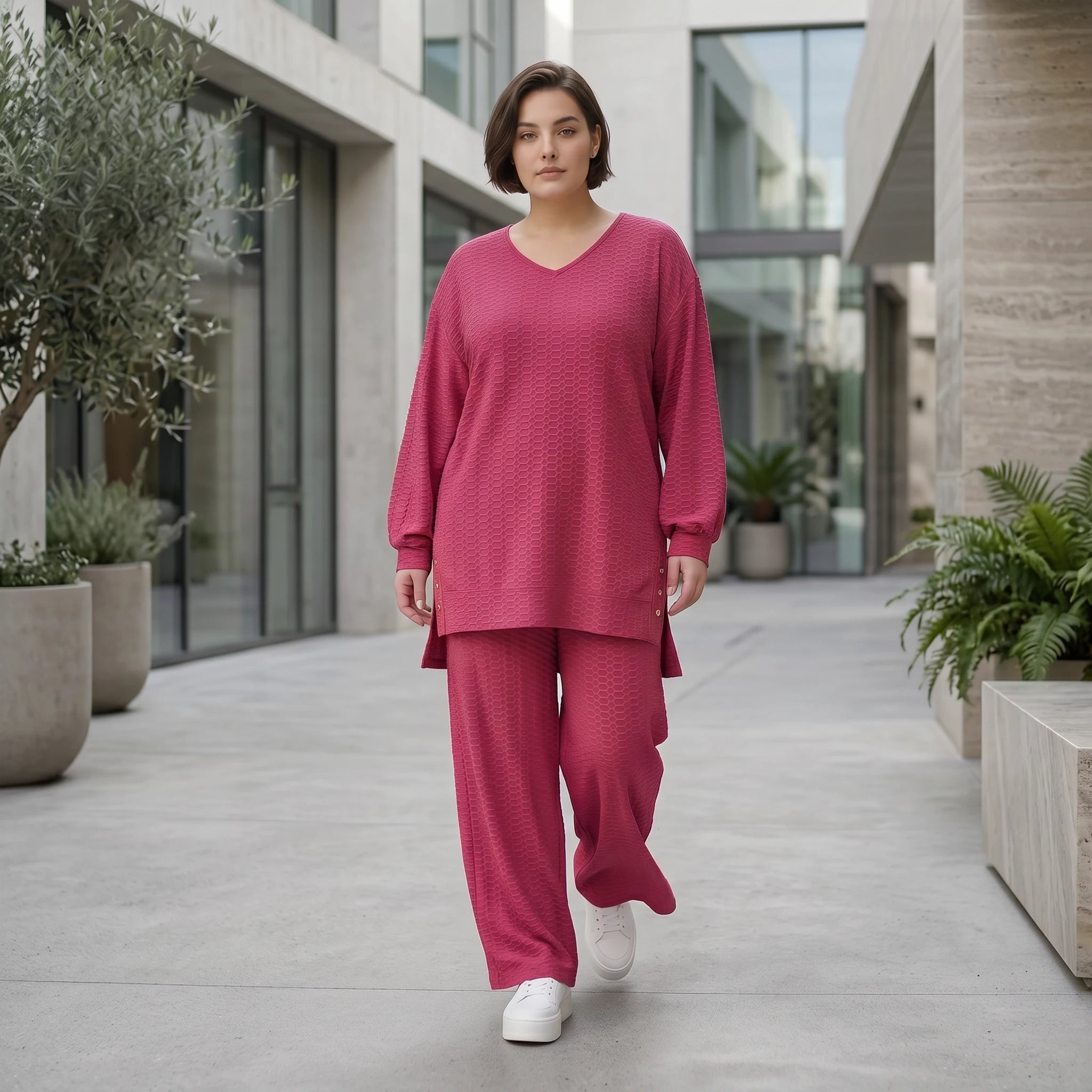 Papita Sommer Set Fuchsia Jacquard Shirt und Palazzo Hose Waffelstruktur Modeare Lagenlook weich fließend