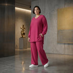 Papita Sommer Set Fuchsia Jacquard Shirt und Palazzo Hose Waffelstruktur Modeare Lagenlook weich fließend