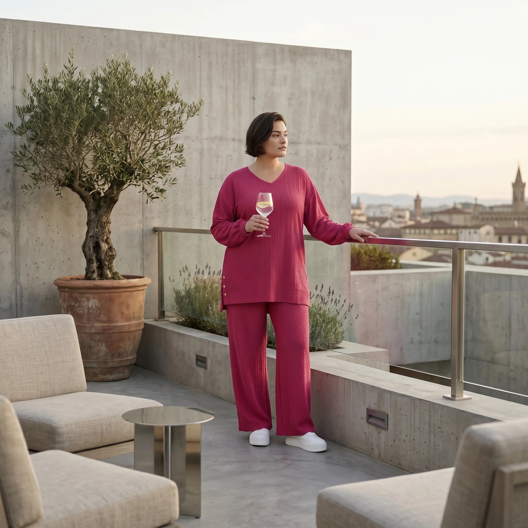 Papita Sommer Set Fuchsia Jacquard Shirt und Palazzo Hose Waffelstruktur Modeare Lagenlook weich fließend