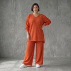 Papita Oversize Set in Rost Jacquard Waffelstruktur Sommer Look Made in Frankreich exklusiv bei Modeare