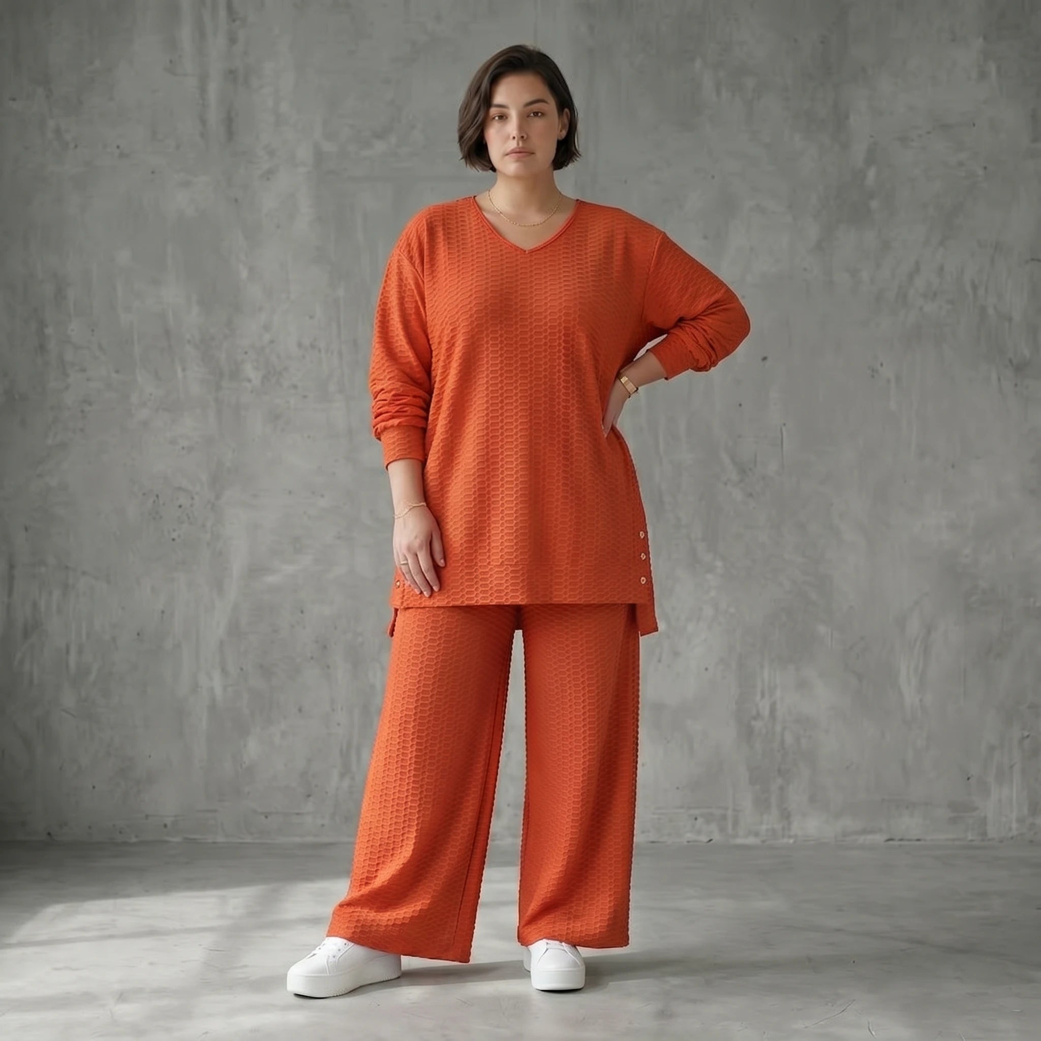 Papita Oversize Set in Rost Jacquard Waffelstruktur Sommer Look Made in Frankreich exklusiv bei Modeare