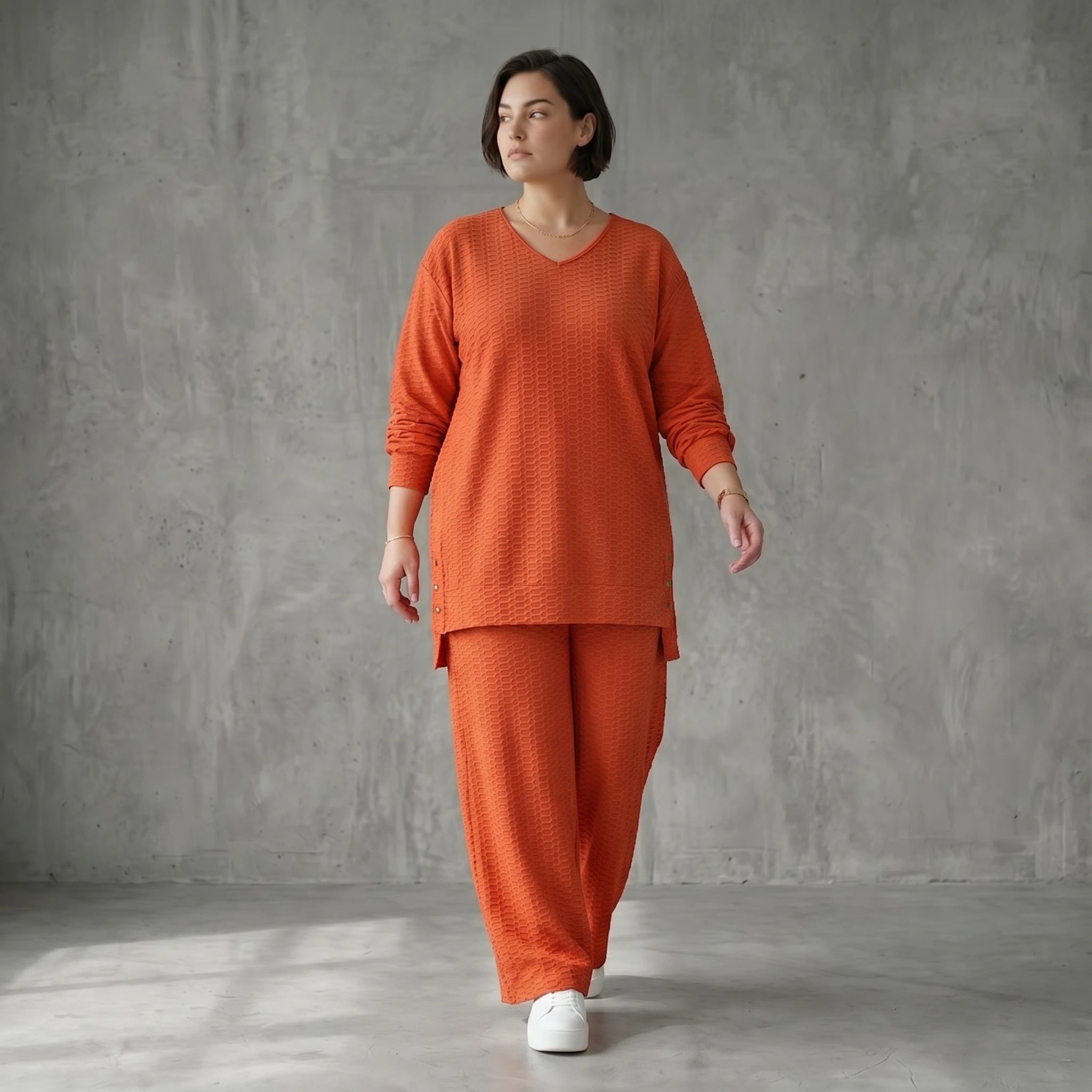 Papita Oversize Set in Rost Jacquard Waffelstruktur Sommer Look Made in Frankreich exklusiv bei Modeare