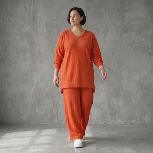 Papita Oversize Set in Rost Jacquard Waffelstruktur Sommer Look Made in Frankreich exklusiv bei Modeare