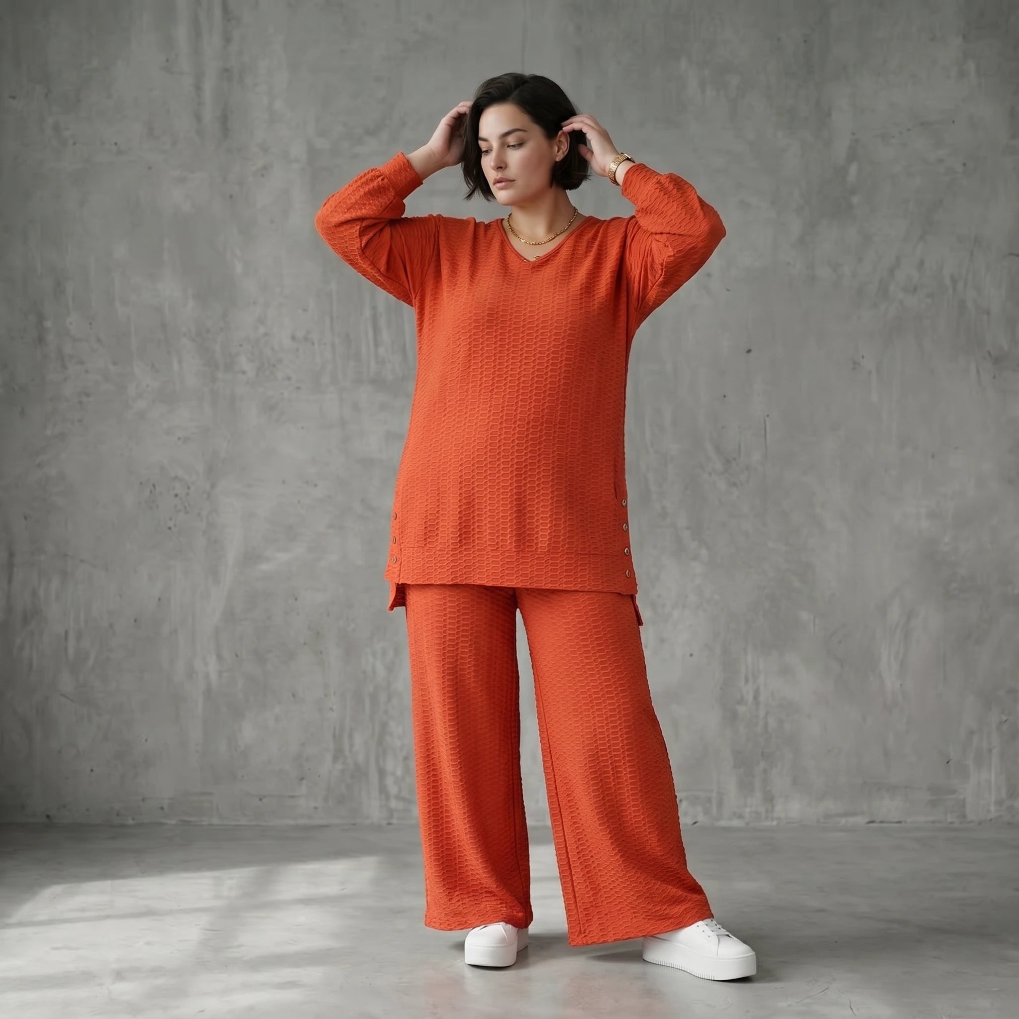 Papita Oversize Set in Rost Jacquard Waffelstruktur Sommer Look Made in Frankreich exklusiv bei Modeare