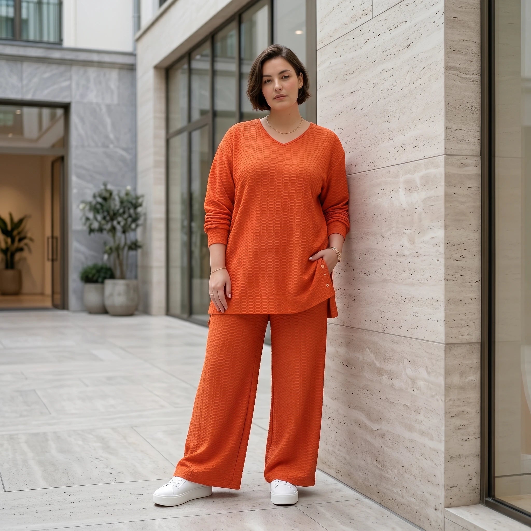 Papita Oversize Set in Rost Jacquard Waffelstruktur Sommer Look Made in Frankreich exklusiv bei Modeare